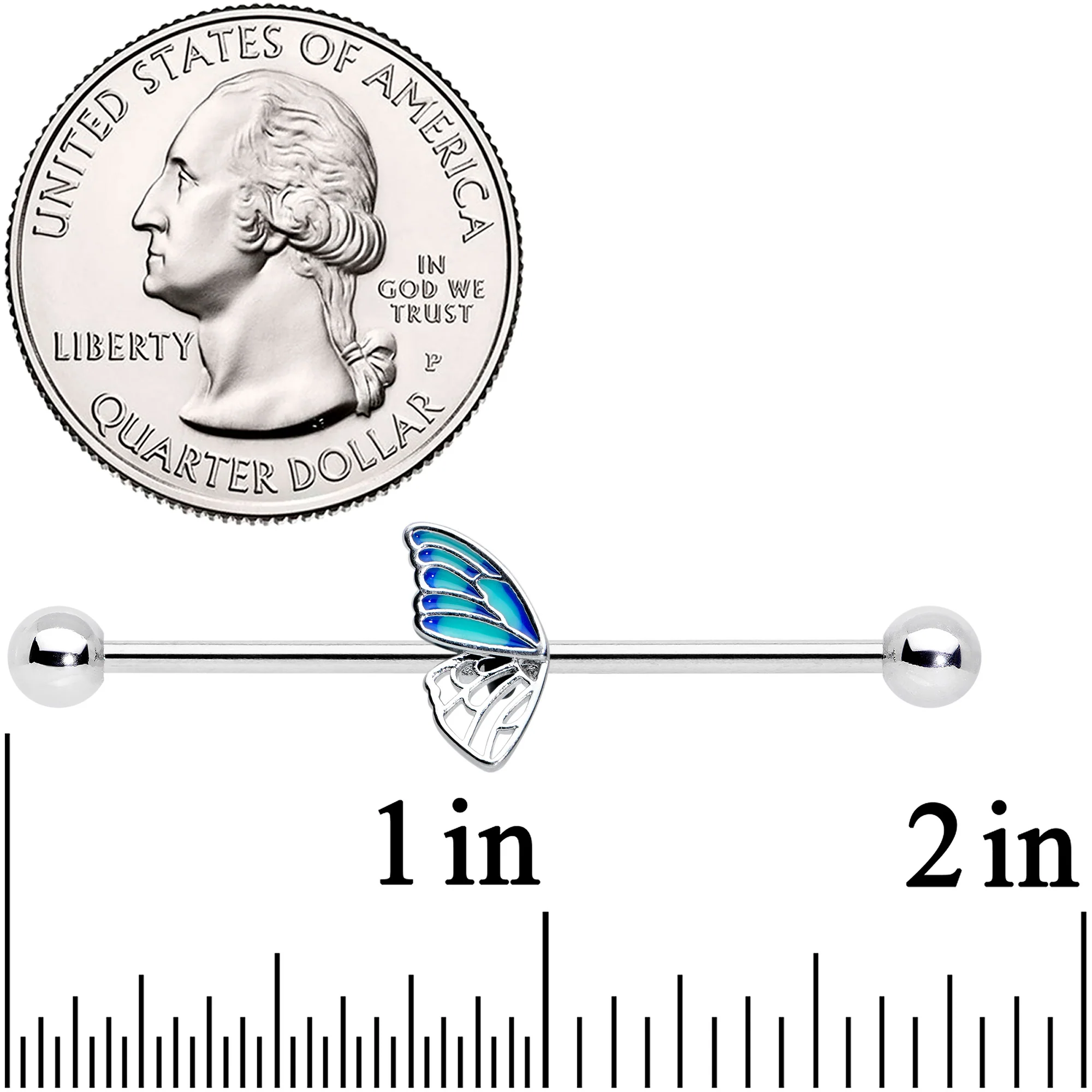 14G Simple Blue Wing Butterfly Industrial Barbell 38mm - Image 2