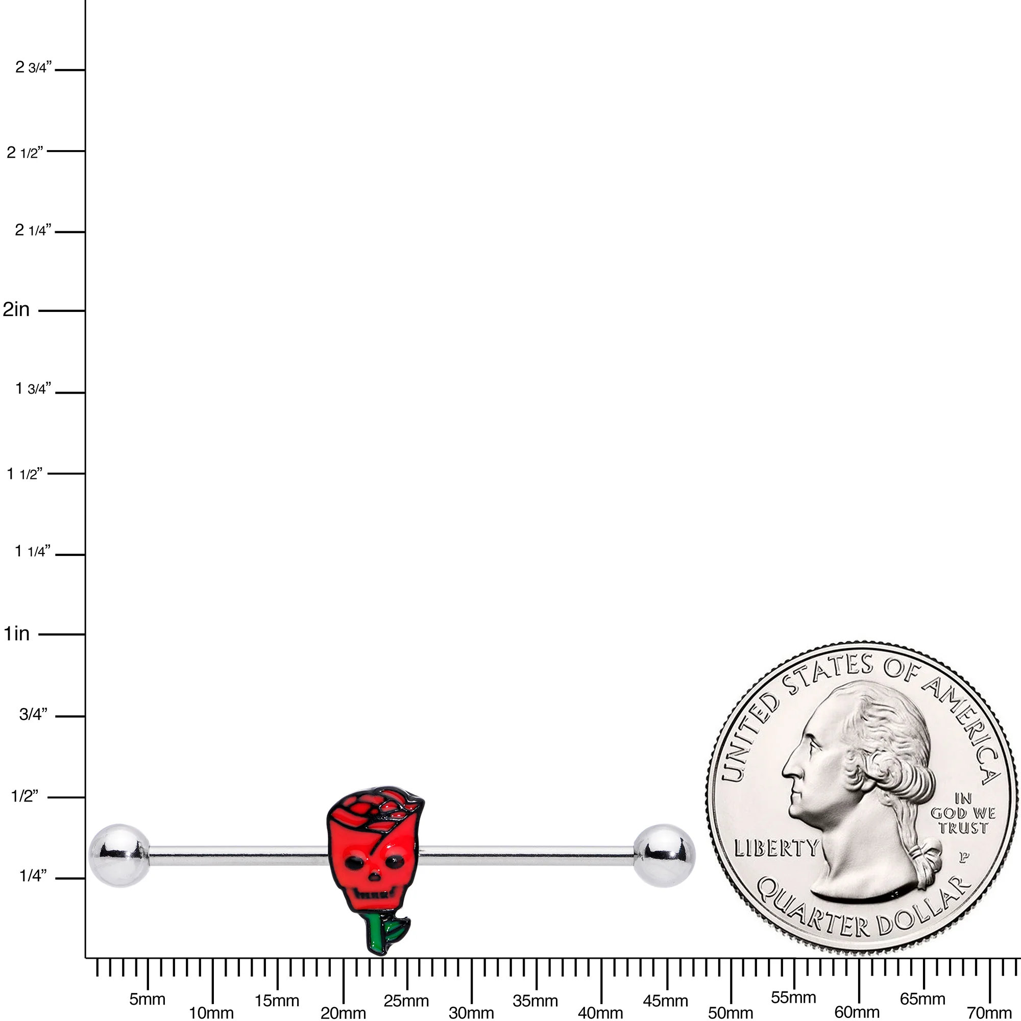 14G Skull Red Rose Valentines Industrial Barbell 38mm - Image 3