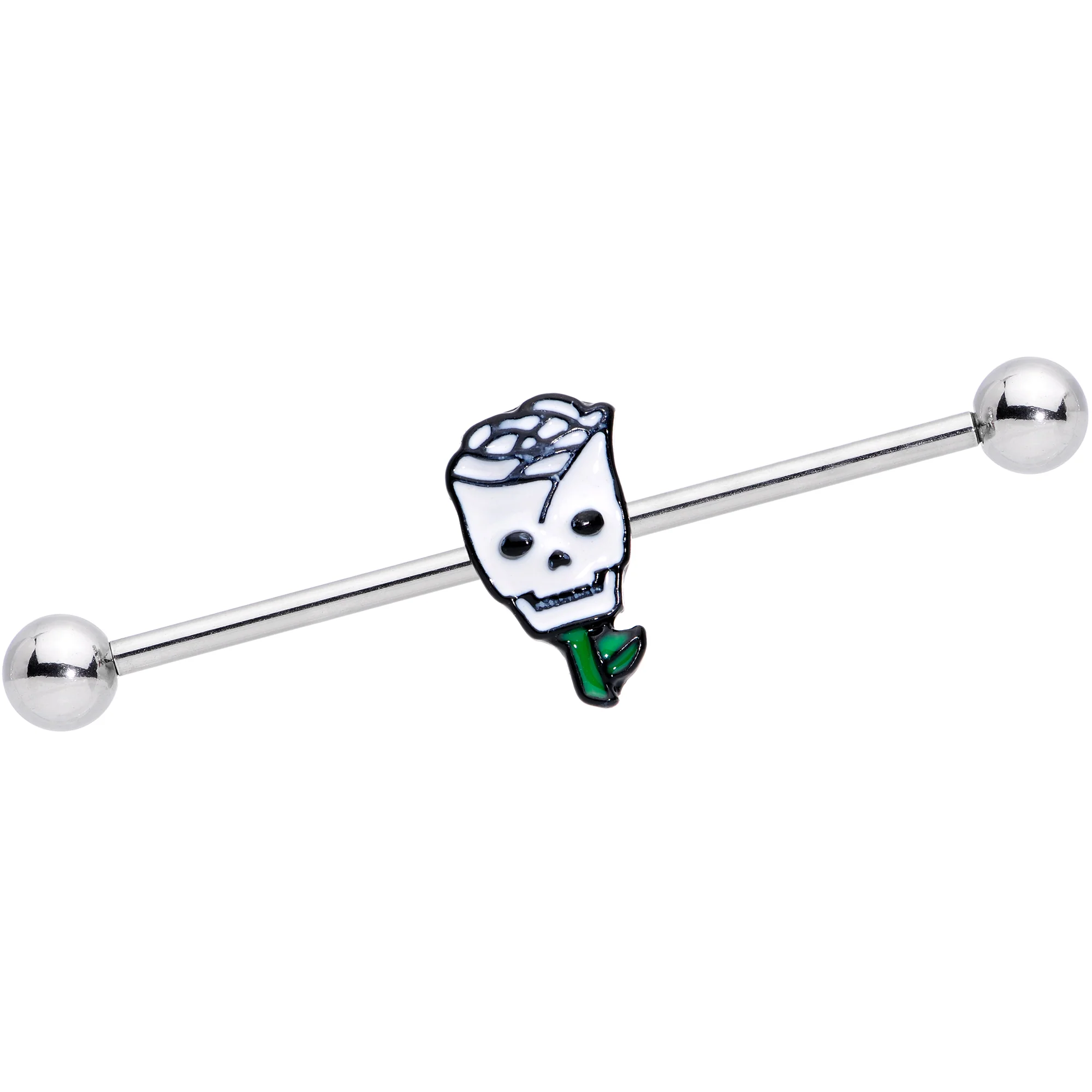 14G Skull White Rose Valentines Industrial Barbell 38mm