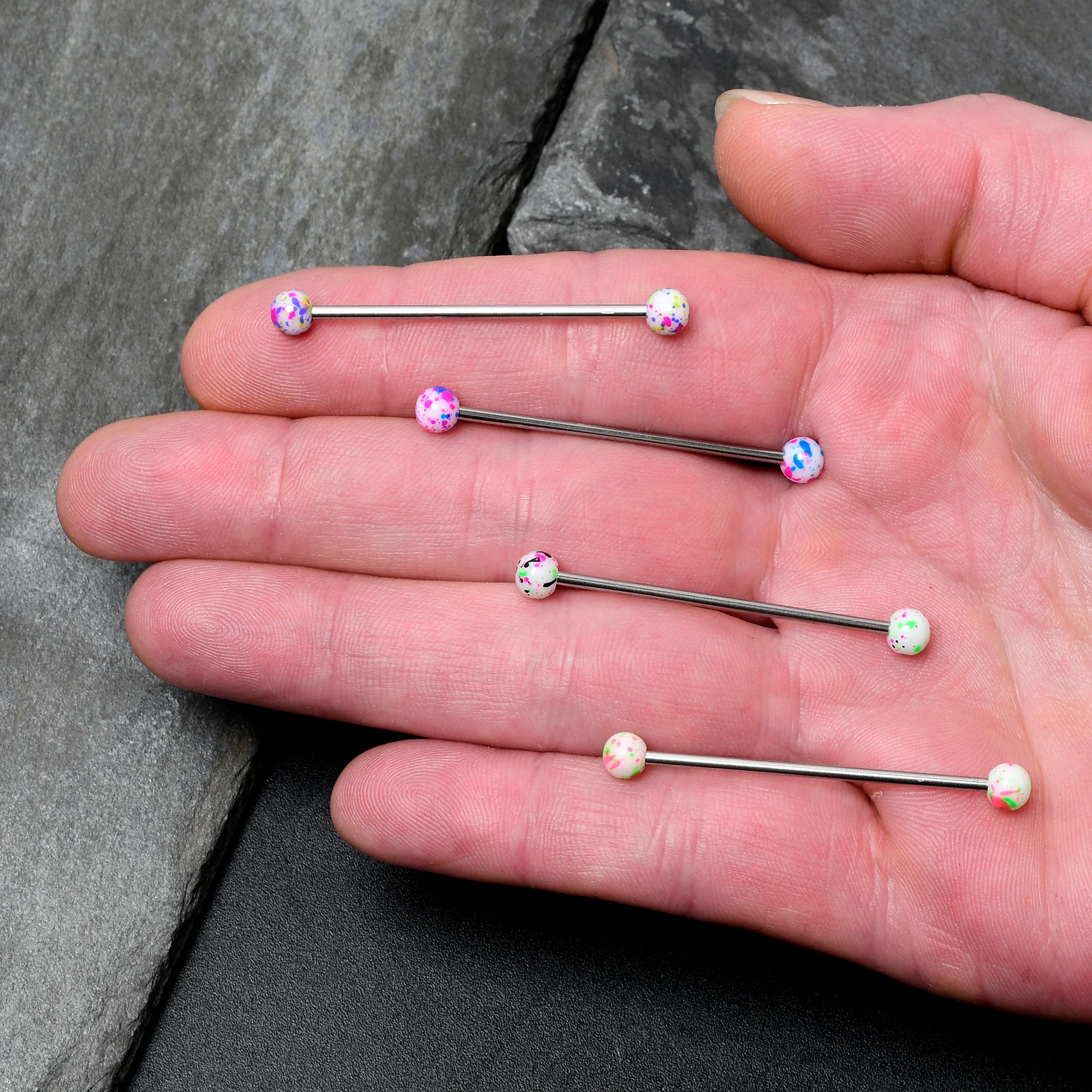 14G Splatter Pink White Purple Industrial Barbell 38mm Set of 4 - Image 2