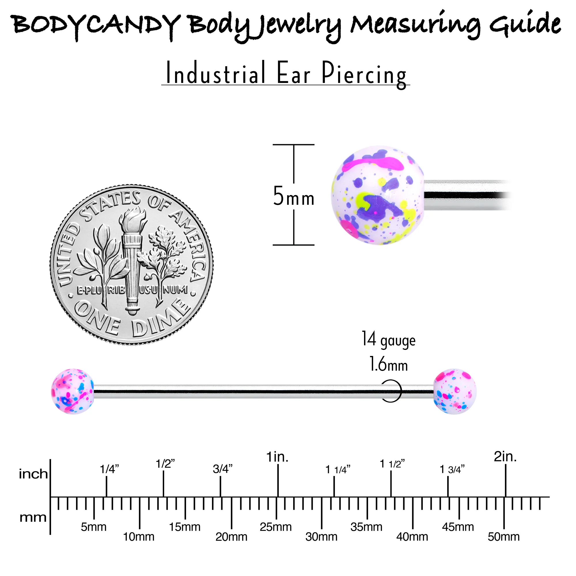 14G Splatter Pink White Purple Industrial Barbell 38mm Set of 4 - Image 6