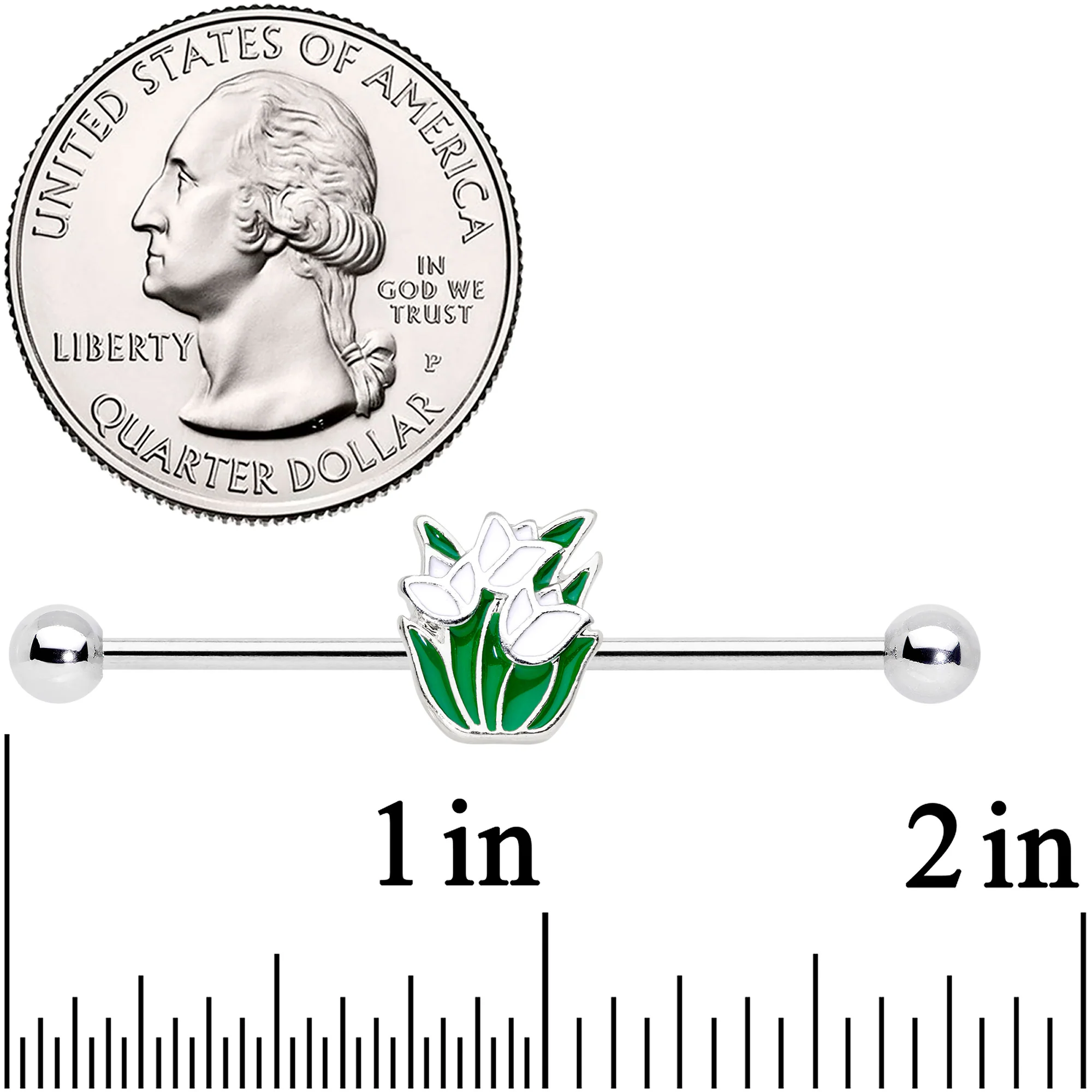 14G Spring White Tulip Flower Industrial Barbell 38mm - Image 2