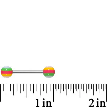 14G Stainless Steel Green Pink Yellow Ball Barbell Tongue Ring - Image 2