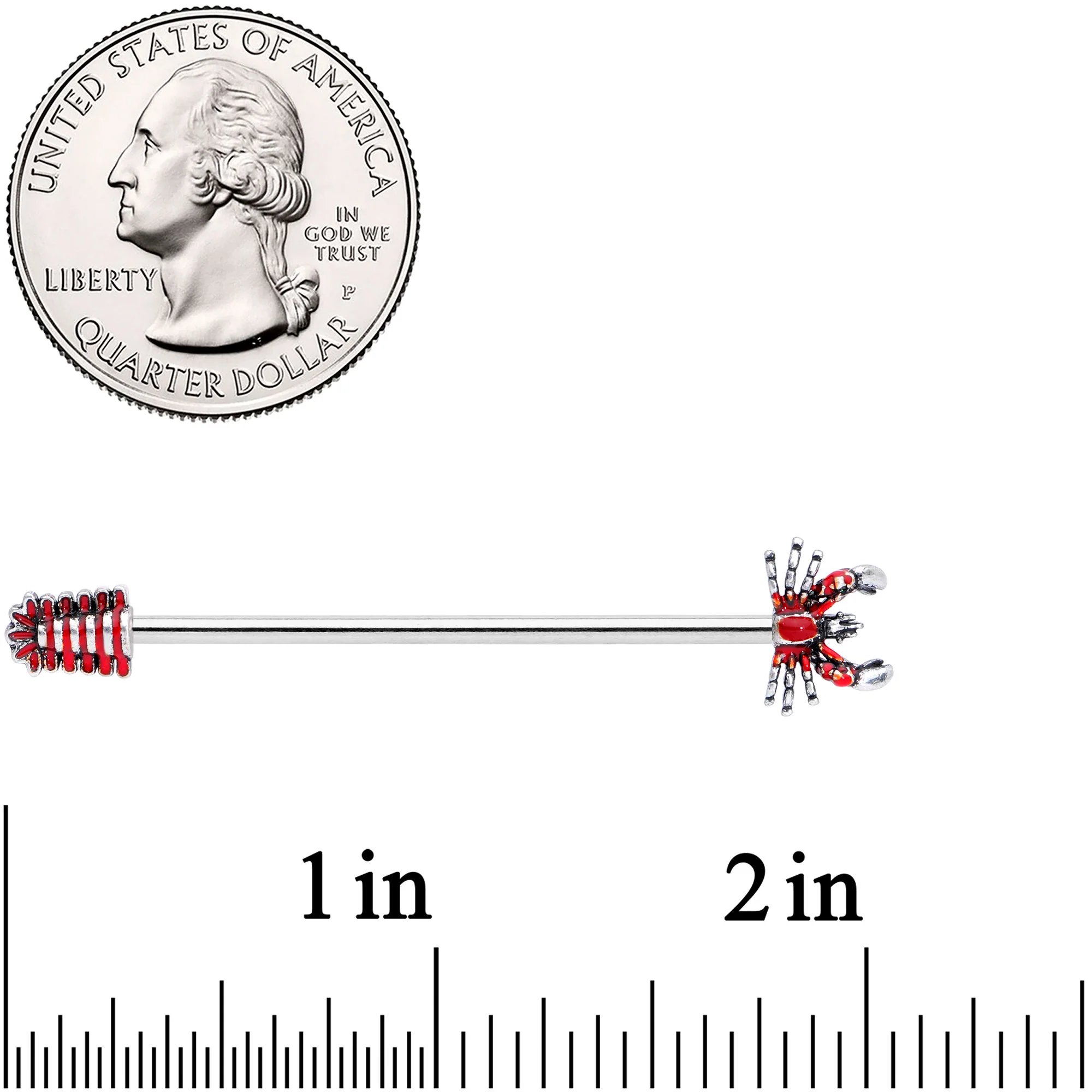 14G Stainless Steel Red Nautical Lobster Industrial Barbell 38mm - Image 2