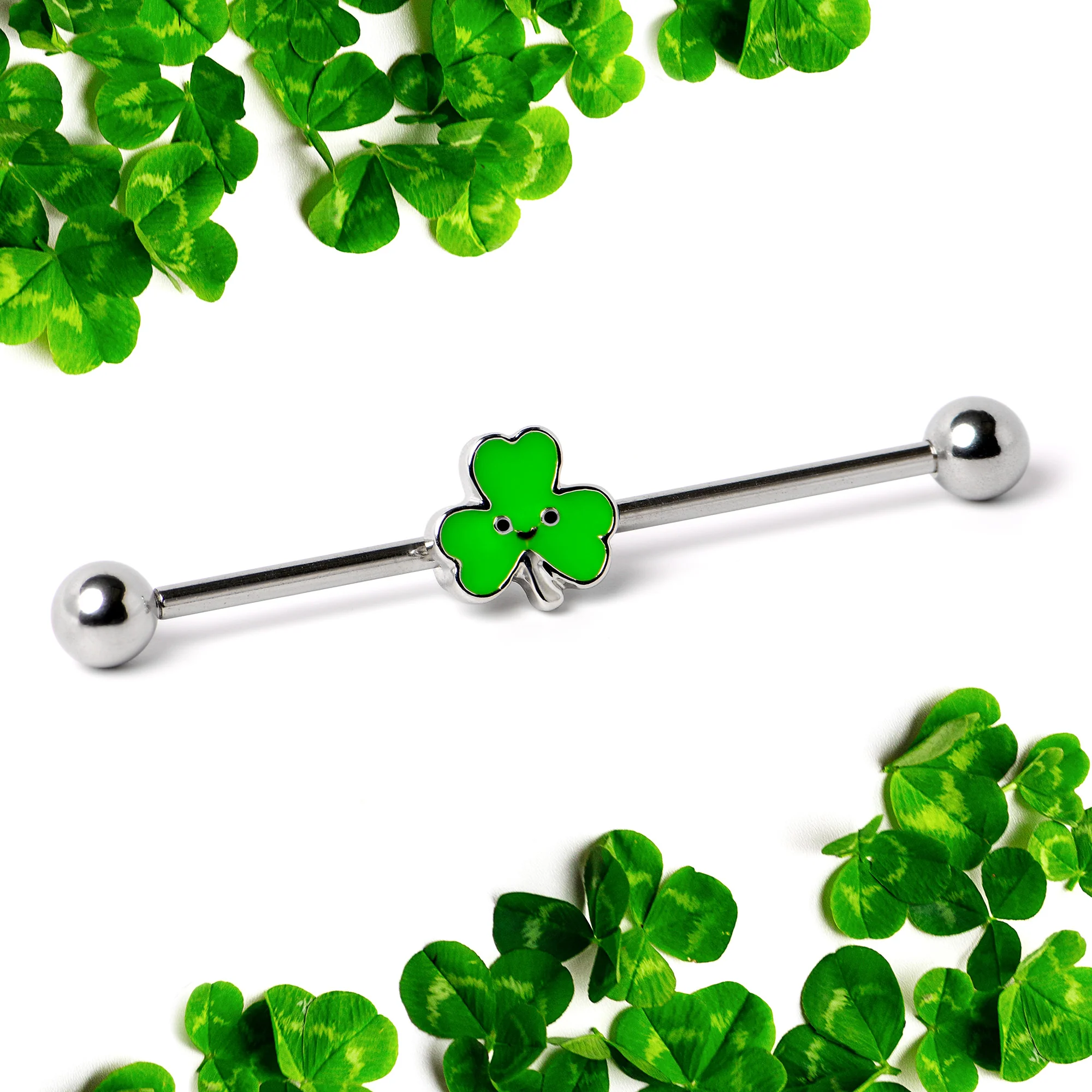 14G Sweet Happy Shamrock St Patricks Industrial Barbell 38mm - Image 4