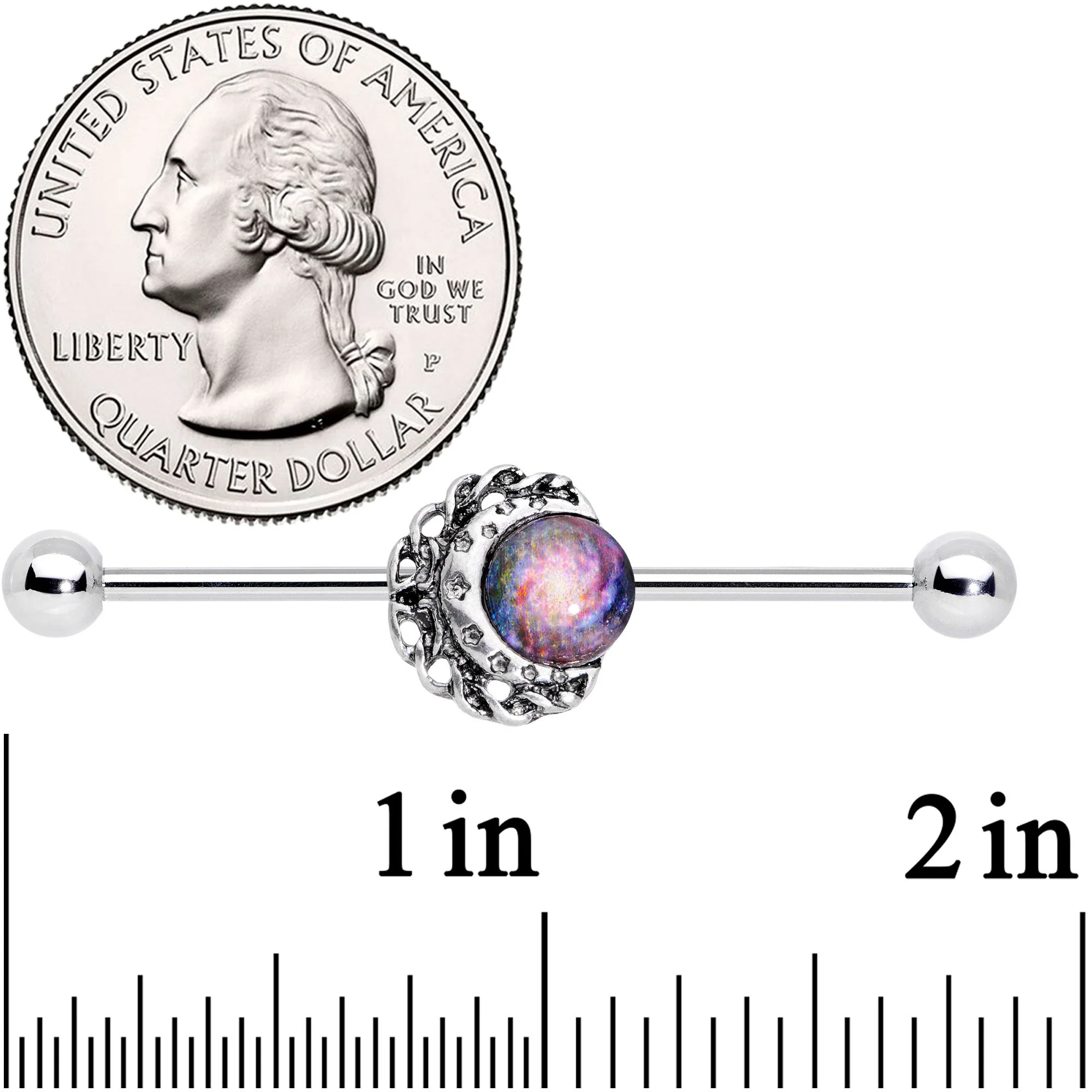 14G Swirling Galaxy Inlay Crescent Moon Industrial Barbell 38mm - Image 2