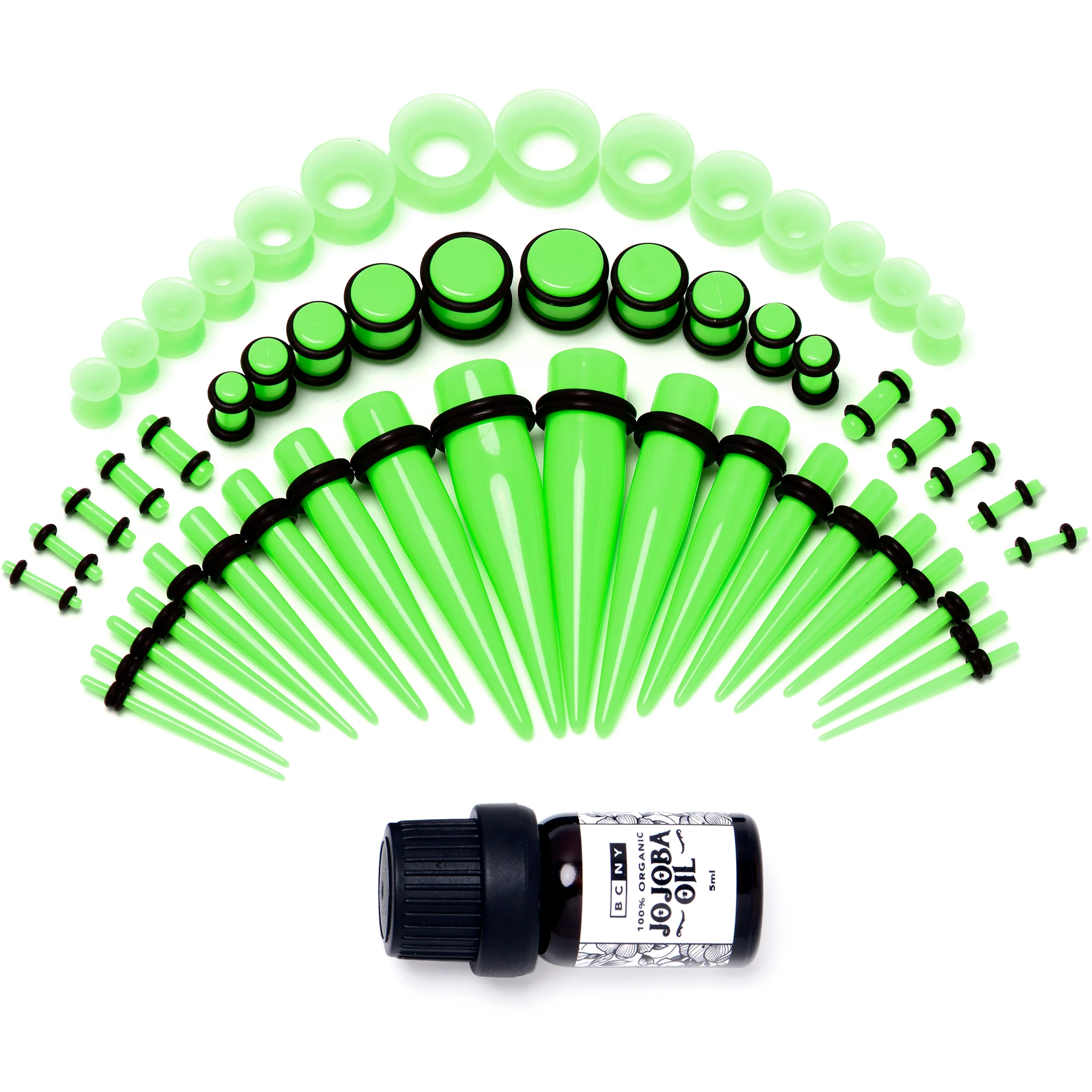 14G to 1/2 Green Acrylic 54 Piece Ear Stretching Kit with Jojoba Oil - Image 3