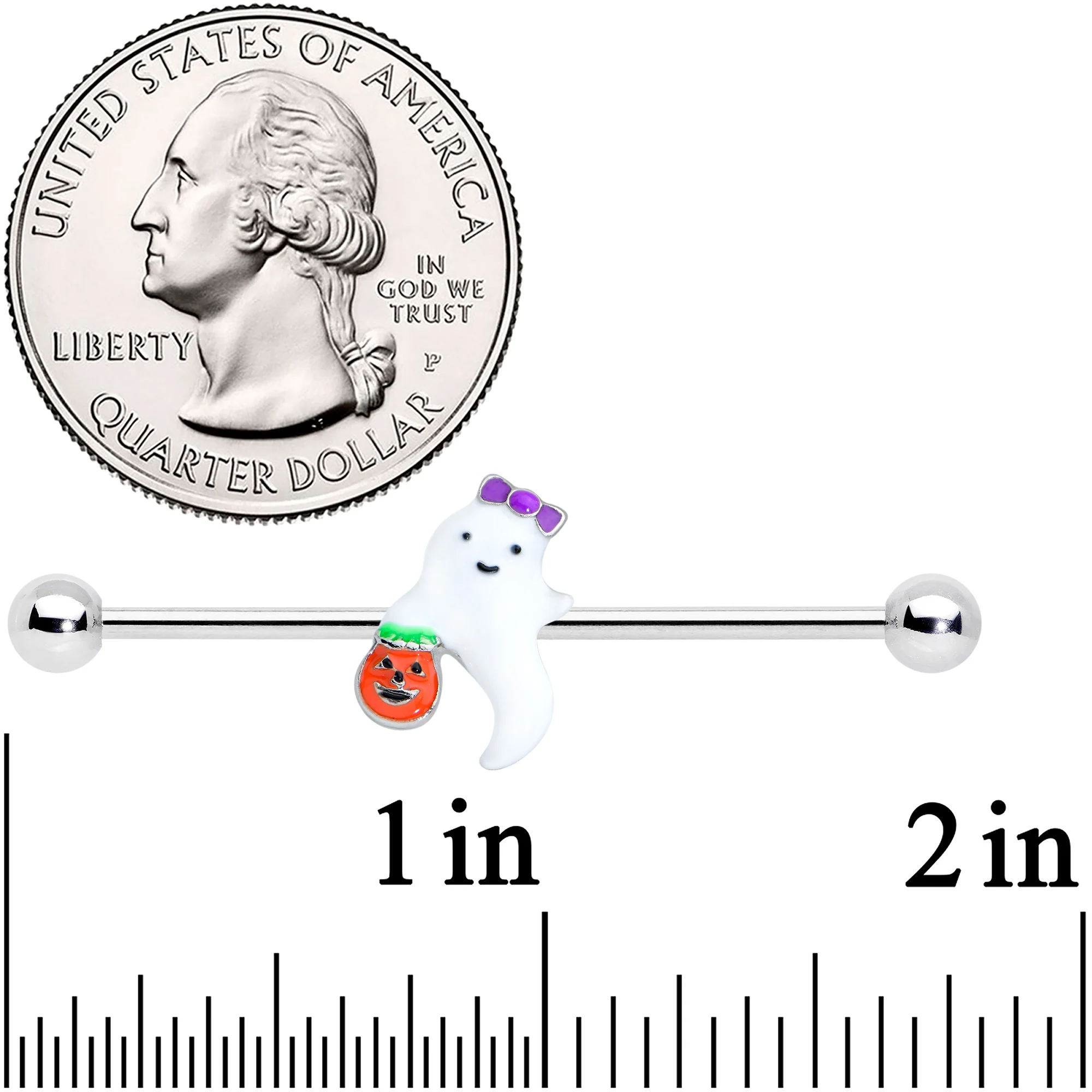 14G Trick or Treat Bow Ghost Halloween Industrial Barbell 38mm - Image 2