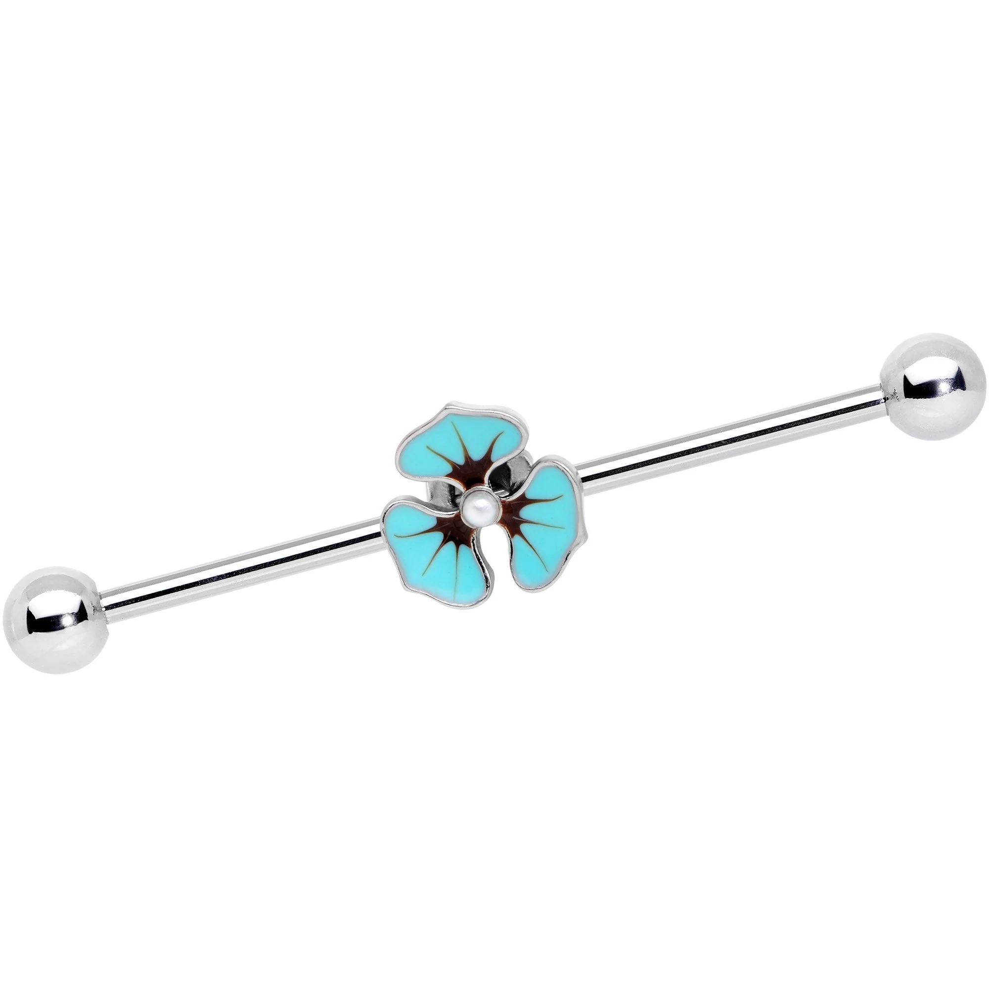 14G Tropic Blue Flower Black Twisted Industrial Barbell Set 38mm - Image 2