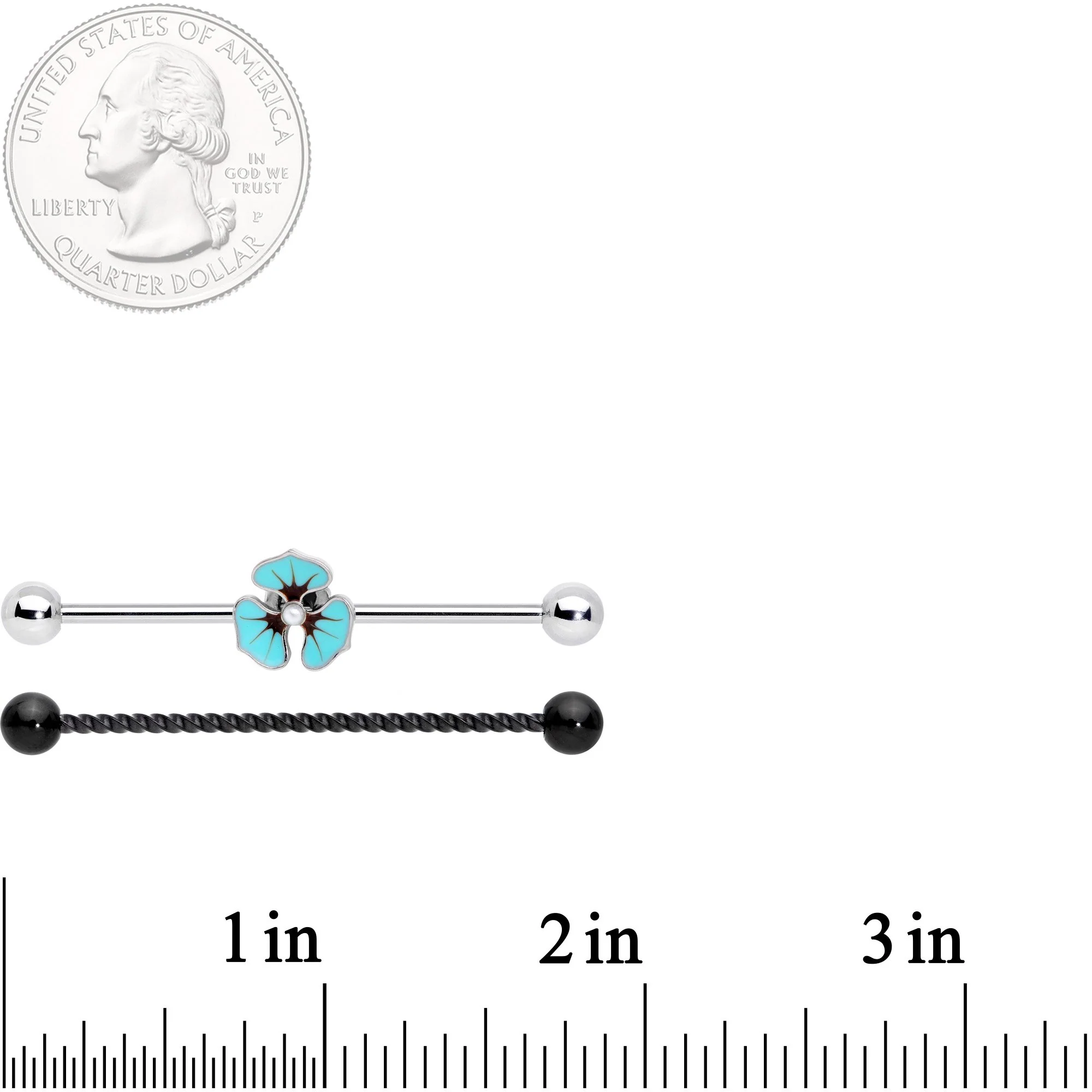 14G Tropic Blue Flower Black Twisted Industrial Barbell Set 38mm - Image 4