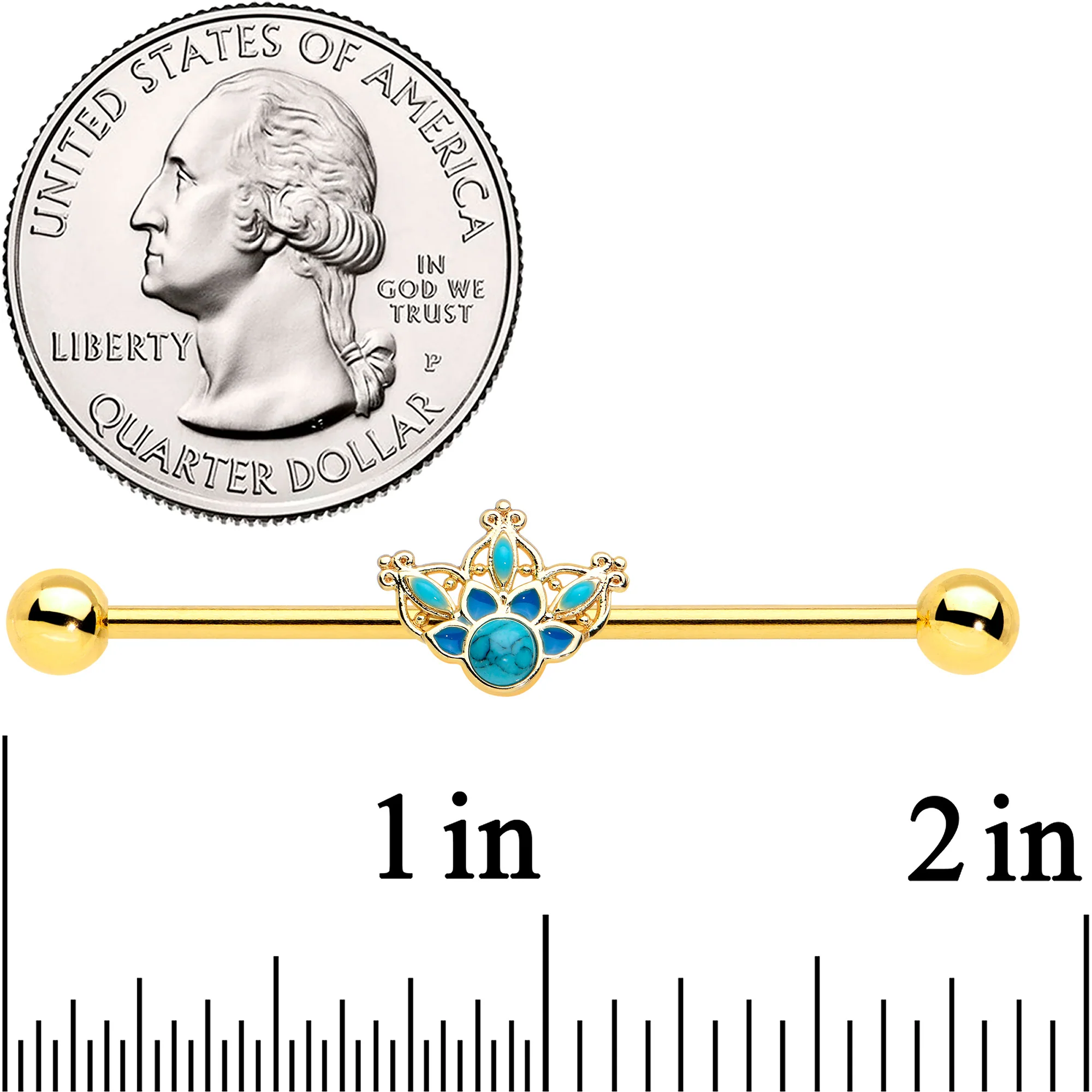 14G Turquoise Gold Tone Opulent Bloom Industrial Barbell 38mm - Image 2