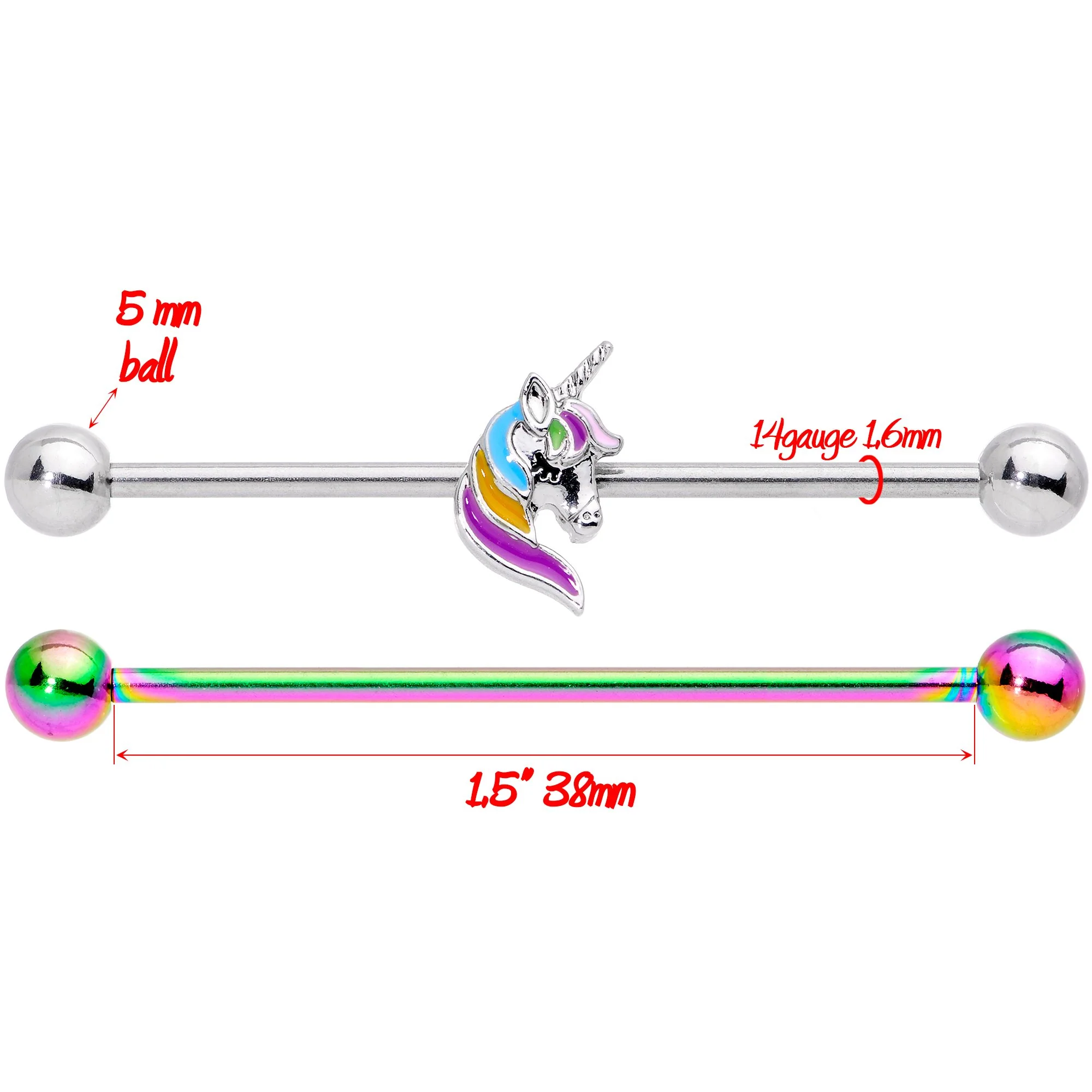 14G Unicorn Rainbow Anodized Industrial Barbell Set 38mm - Image 2