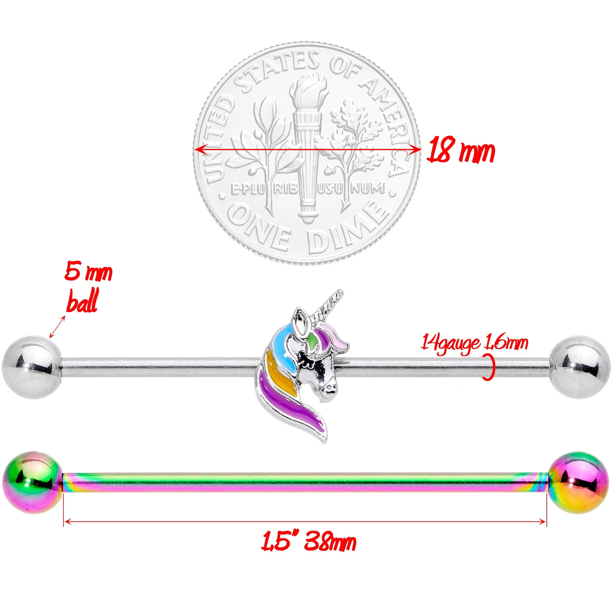 14G Unicorn Rainbow Anodized Industrial Barbell Set 38mm - Image 3