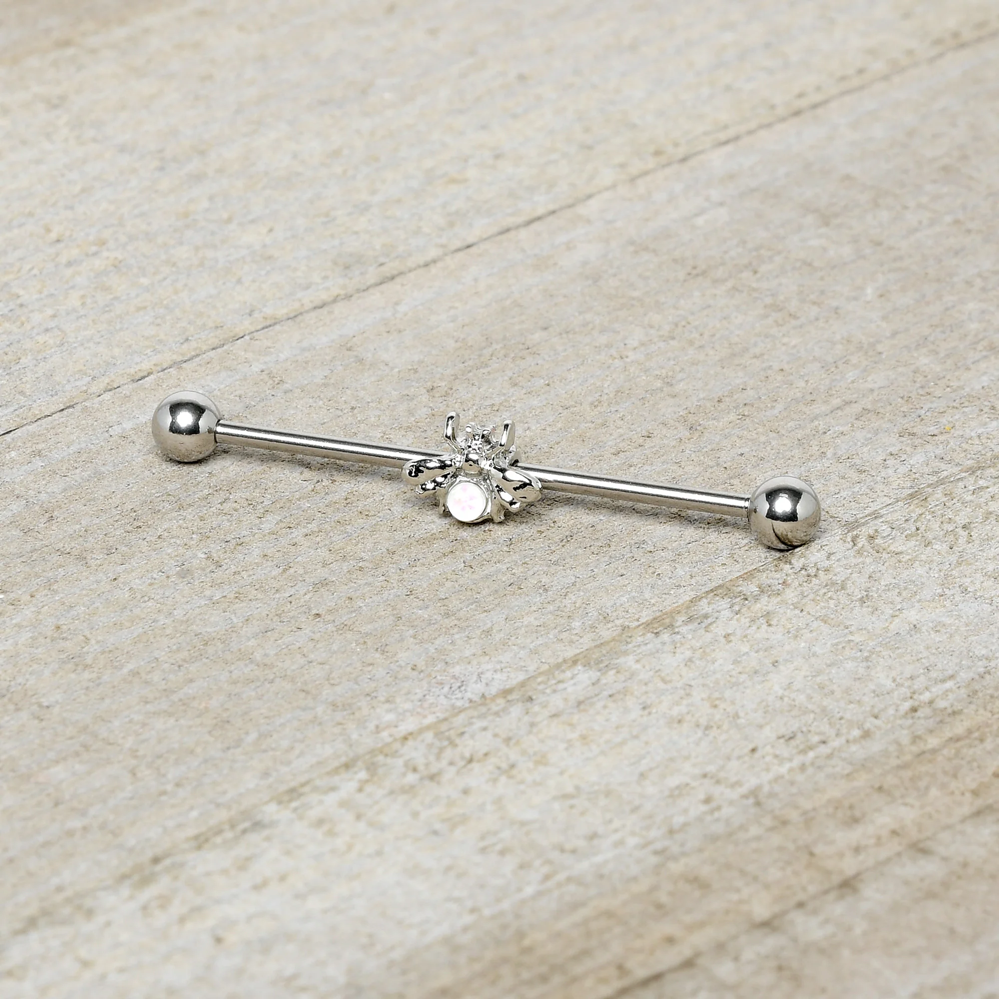 14G White Faux Opal Bee Beautiful Insect Industrial Barbell 38mm - Image 4