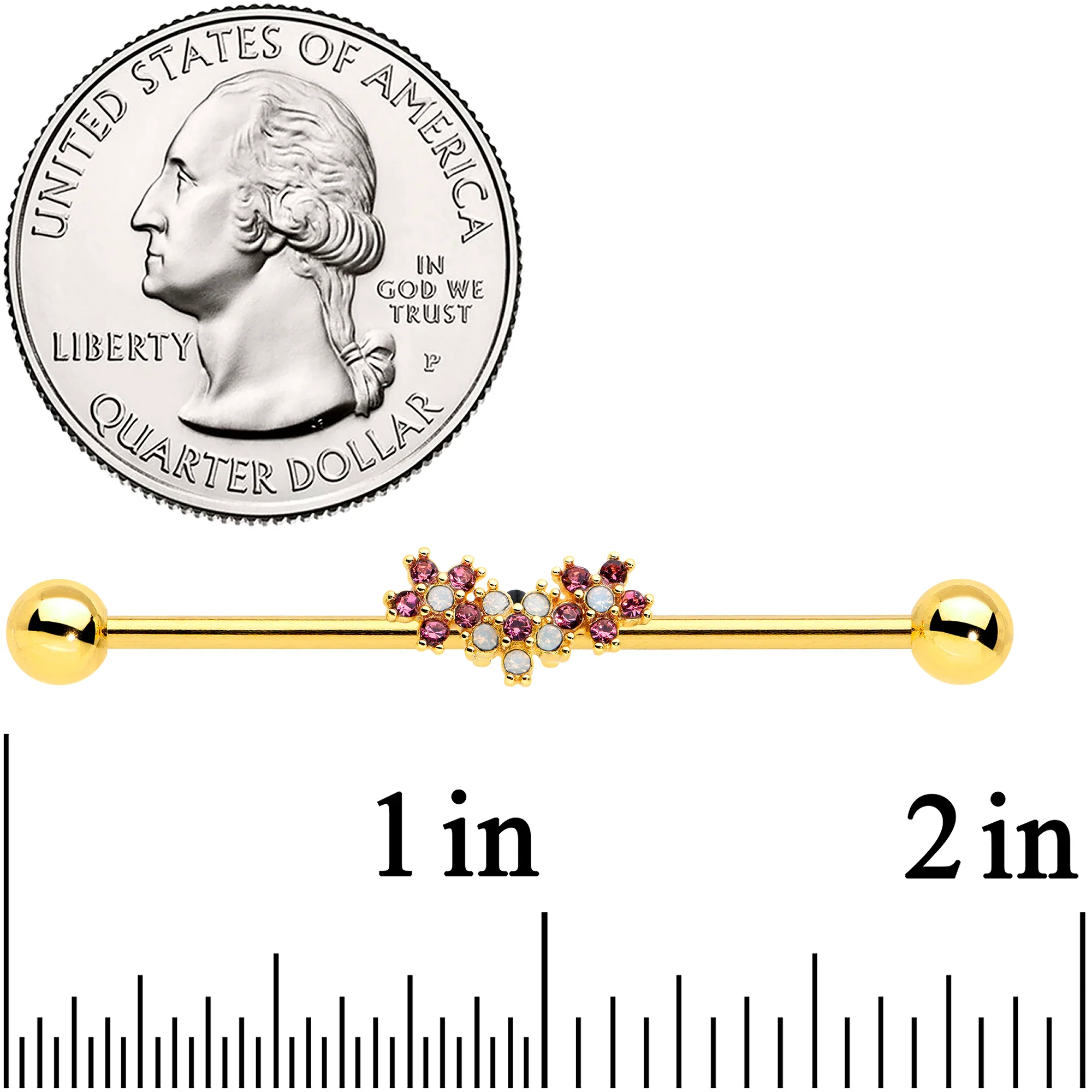 14G White Faux Opal Gold Hue Bunch Flower Industrial Barbell 38mm - Image 2