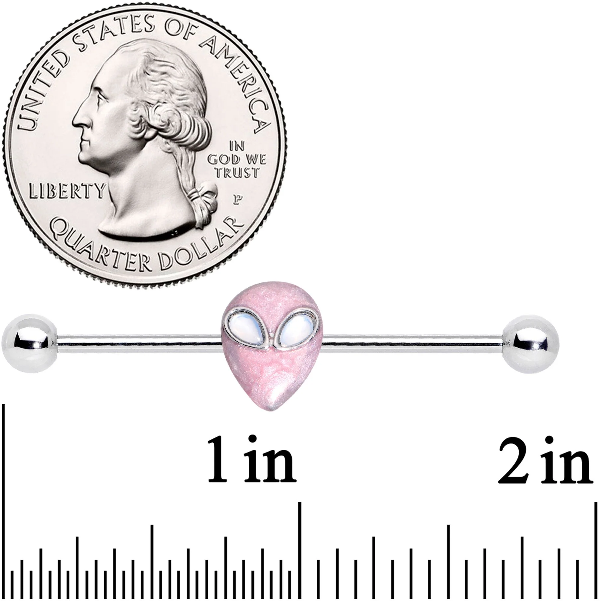 14G White Faux Opal Pink Alien Invader Industrial Barbell 38mm - Image 2