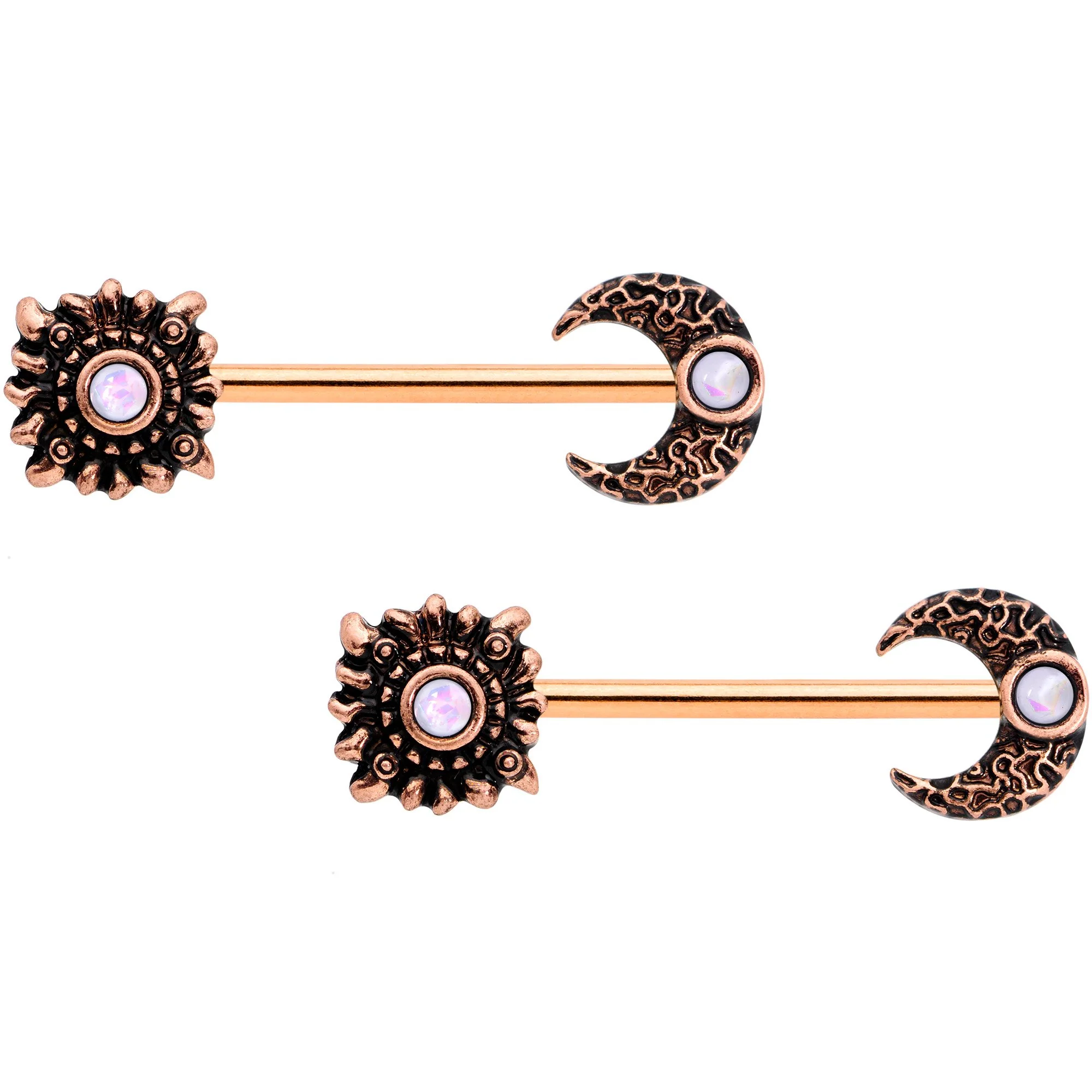 14G White Faux Opal Rose Gold Tone Sun Moon Nipple Ring Set of 4 - Image 2