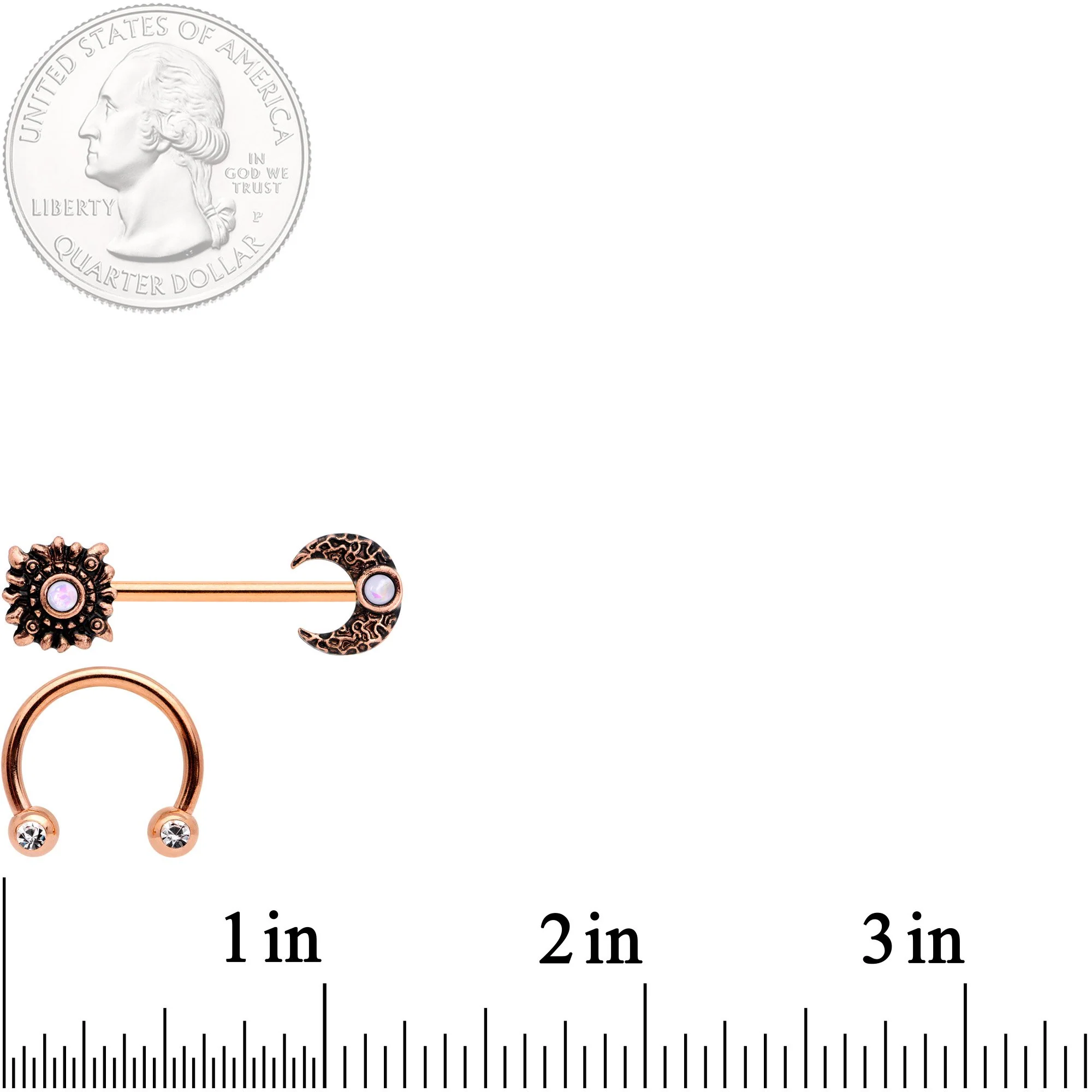 14G White Faux Opal Rose Gold Tone Sun Moon Nipple Ring Set of 4 - Image 4