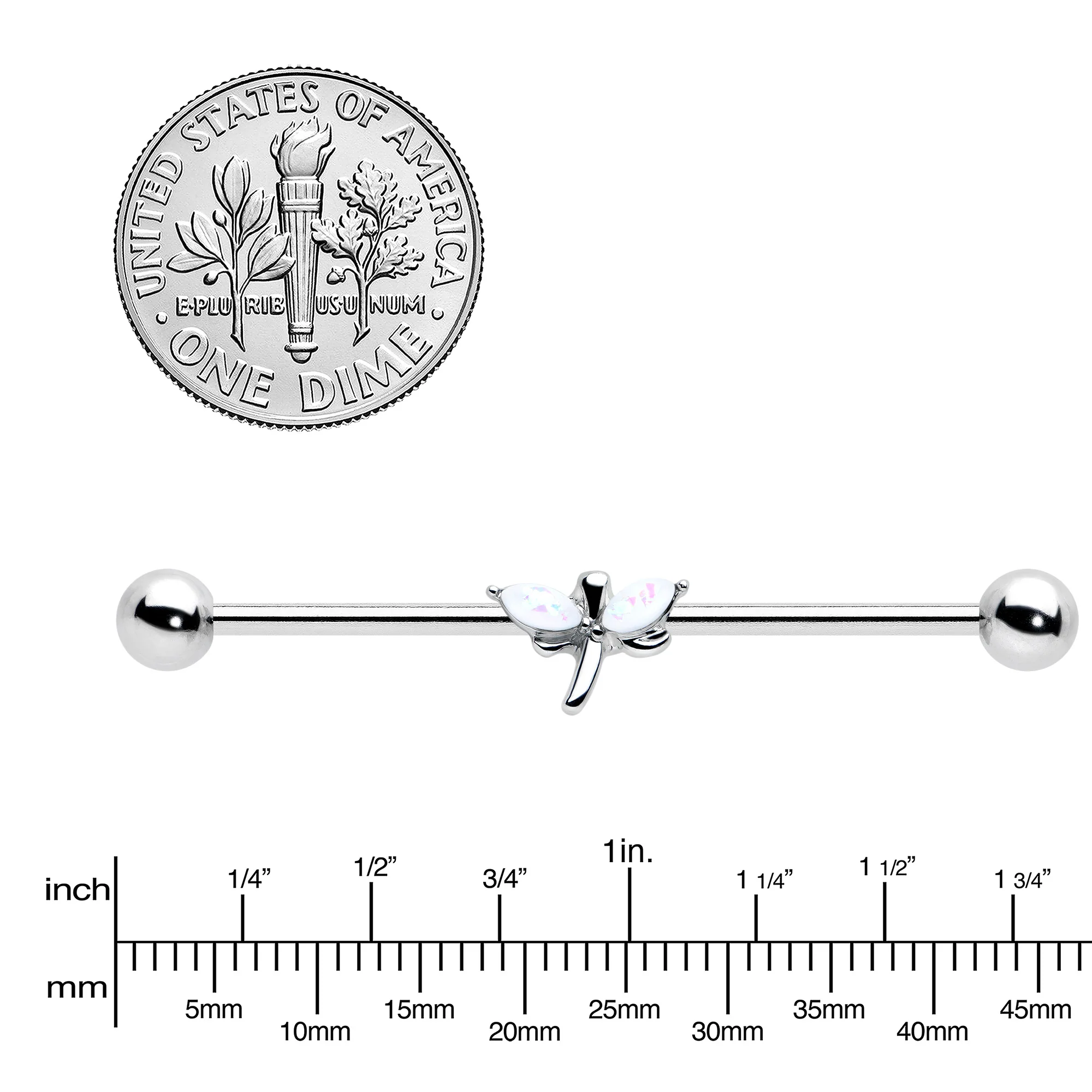 14G White Faux Opal Simple Style Dragonfly Industrial Barbell 38mm - Image 3