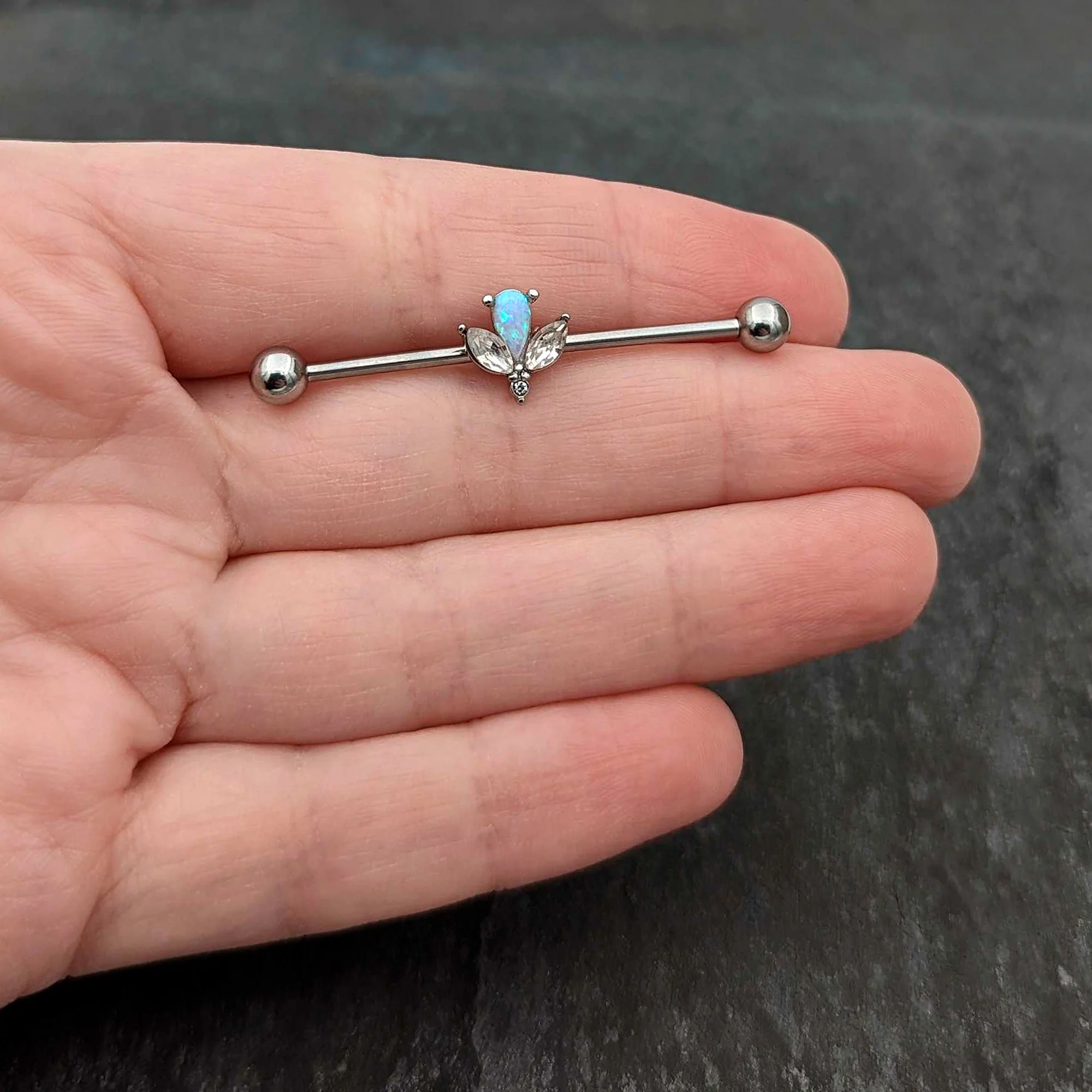 14G White Faux Opal Style Flower Industrial Barbell 38mm - Image 7
