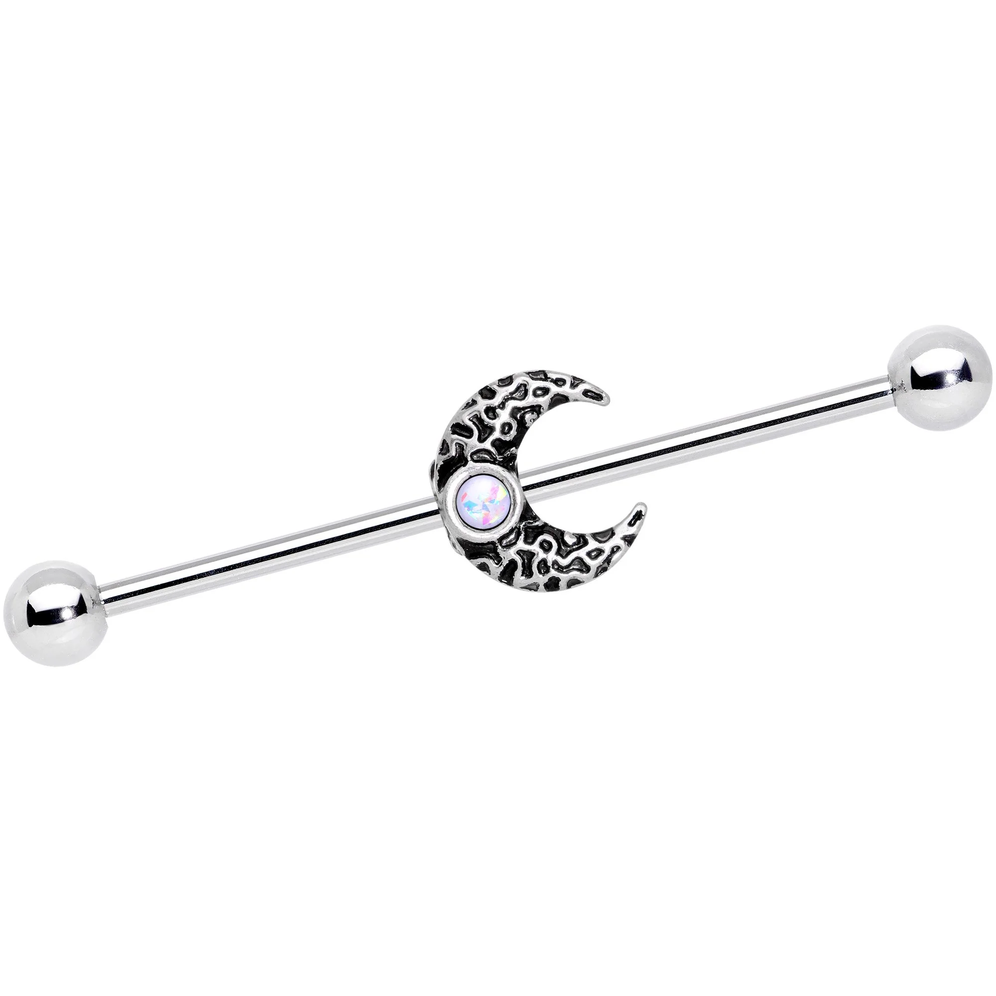 14G White Faux Opal Sun Moon Industrial Barbell Set 38mm - Image 2