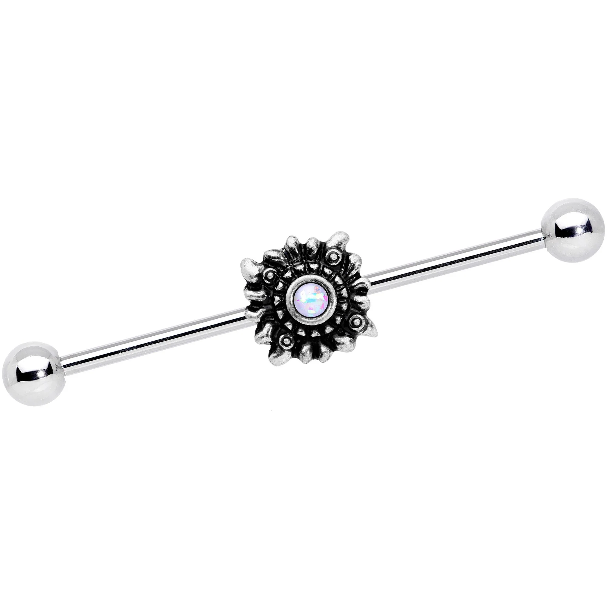 14G White Faux Opal Sun Moon Industrial Barbell Set 38mm - Image 3