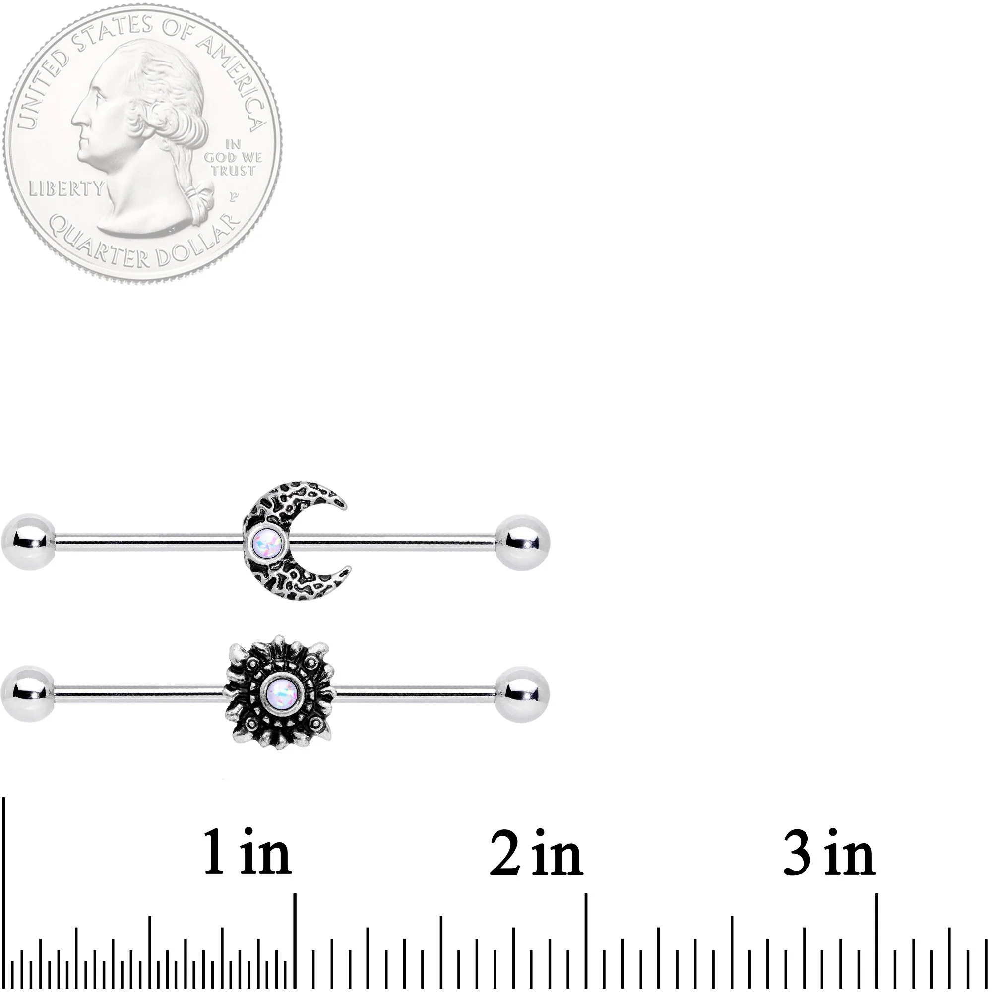 14G White Faux Opal Sun Moon Industrial Barbell Set 38mm - Image 4
