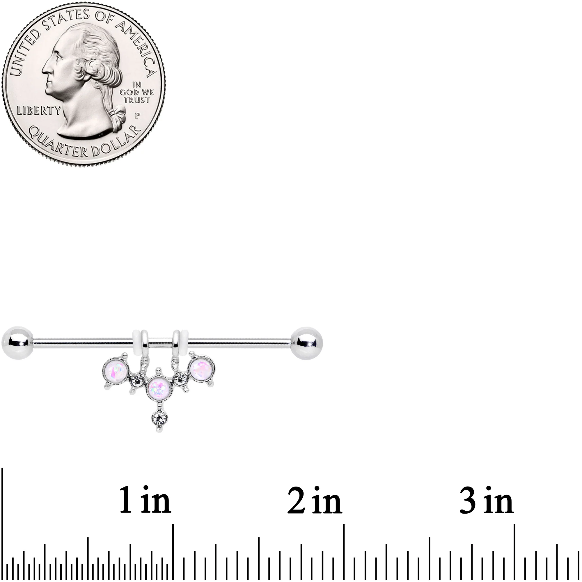14G White Faux Opal Triad Dangle Industrial Barbell 38mm - Image 2