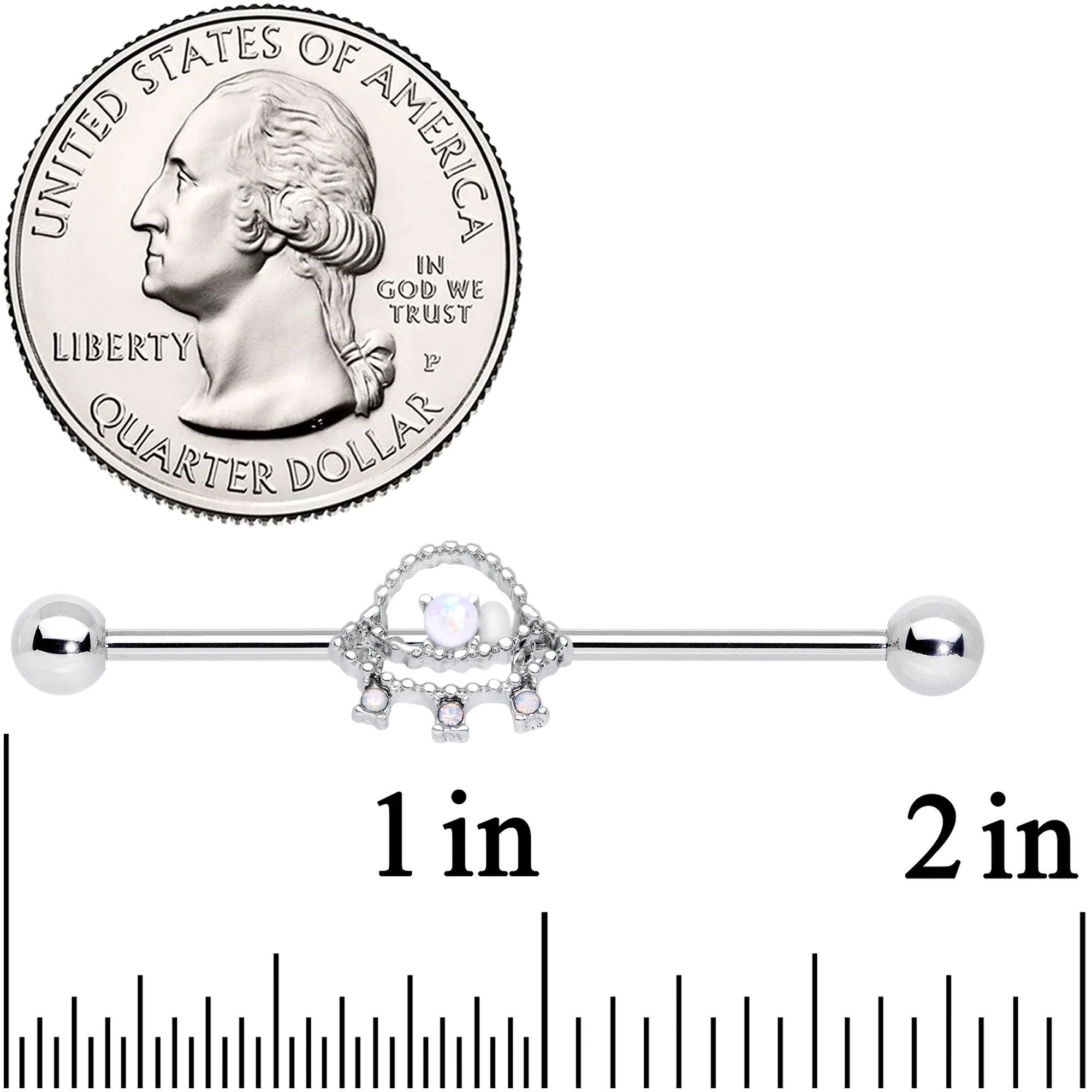 14G White Faux Opal UFO Industrial Barbell 38mm - Image 2