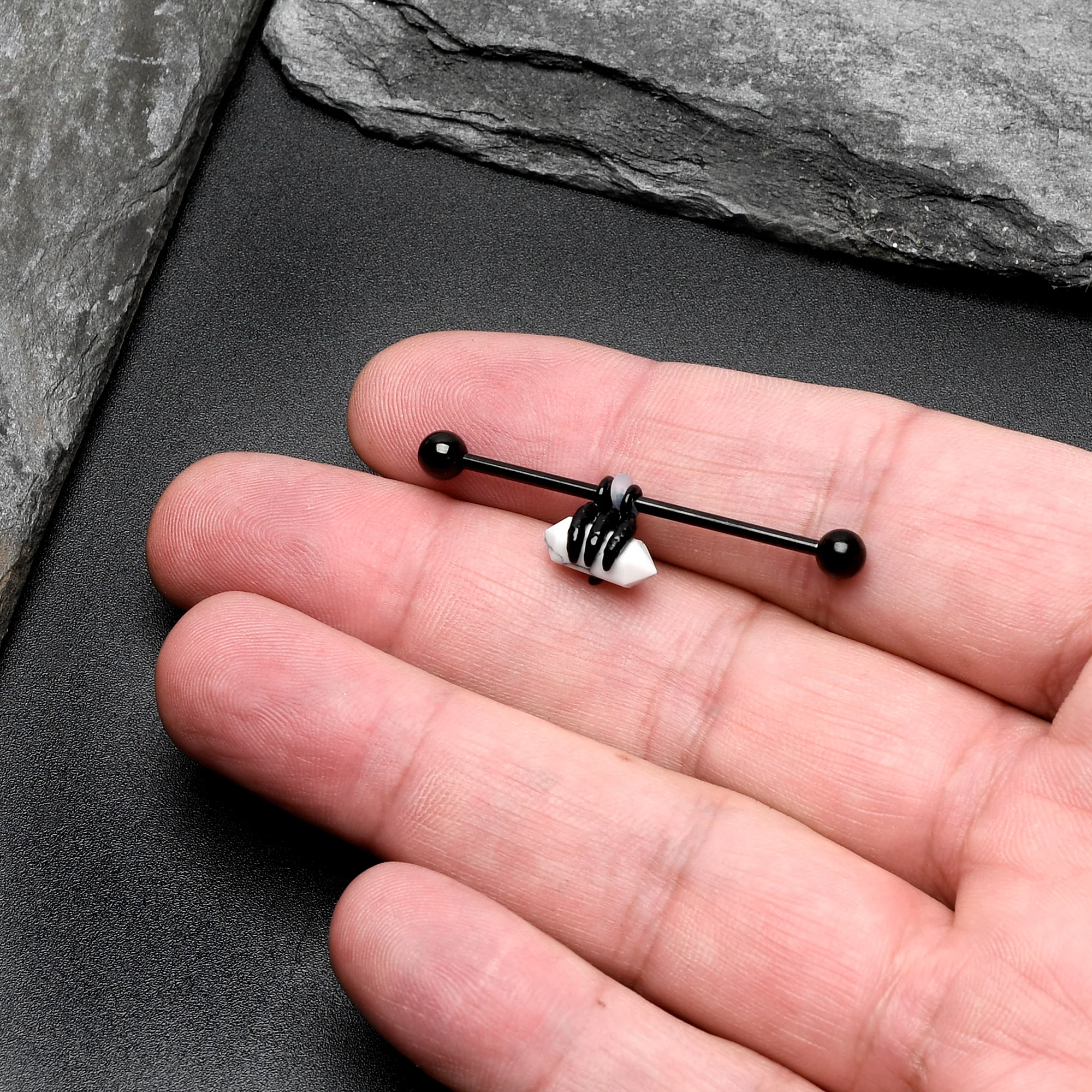 14G White Howlite Black Claw Industrial Barbell 38mm - Image 8