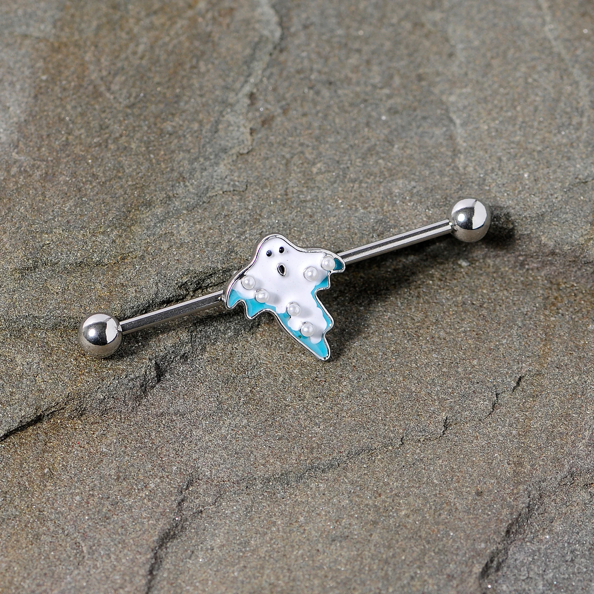 14G White Orb Ghost Halloween Industrial Barbell 38mm - Image 3