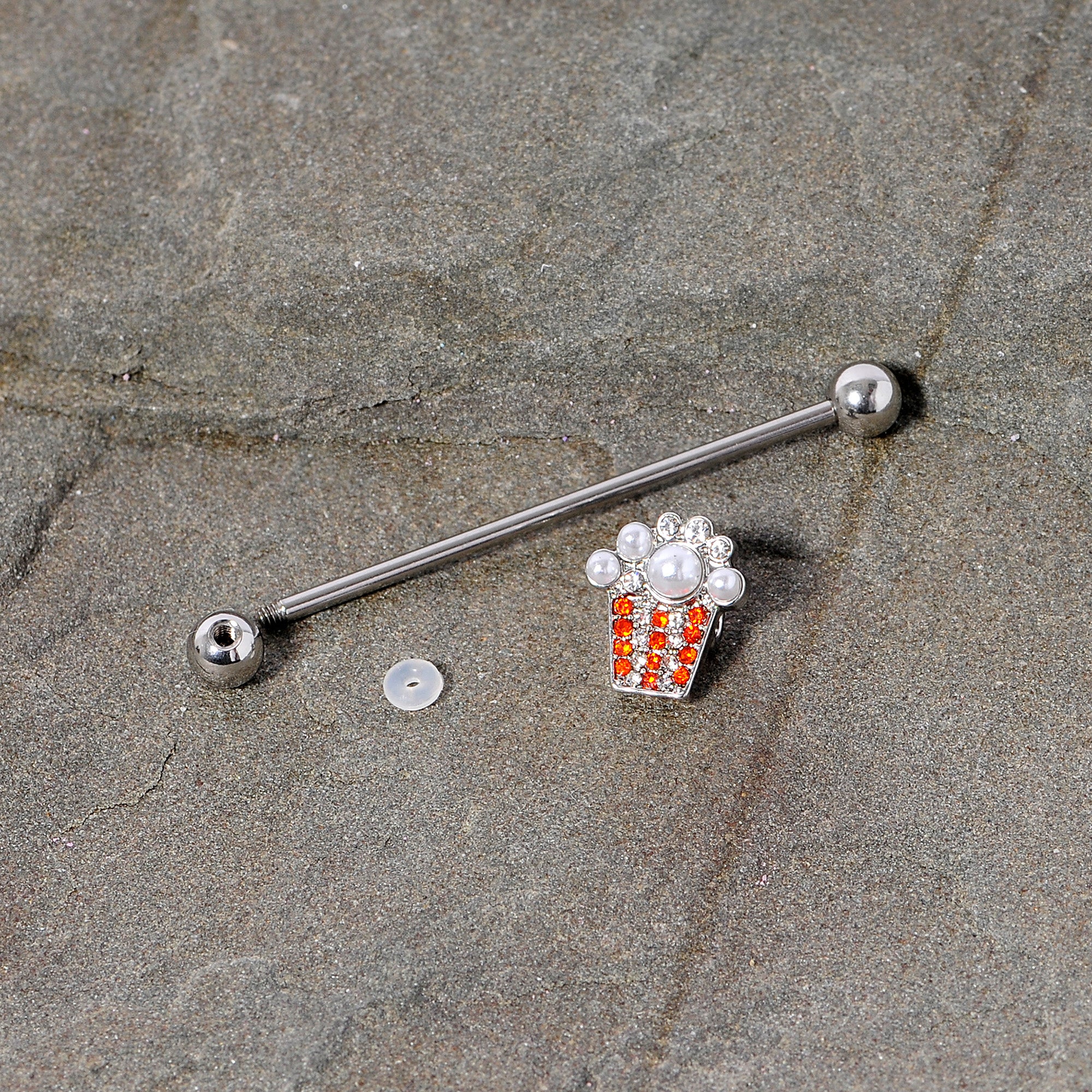 14G White Orb Movie Night Popcorn Industrial Barbell 38mm - Image 4