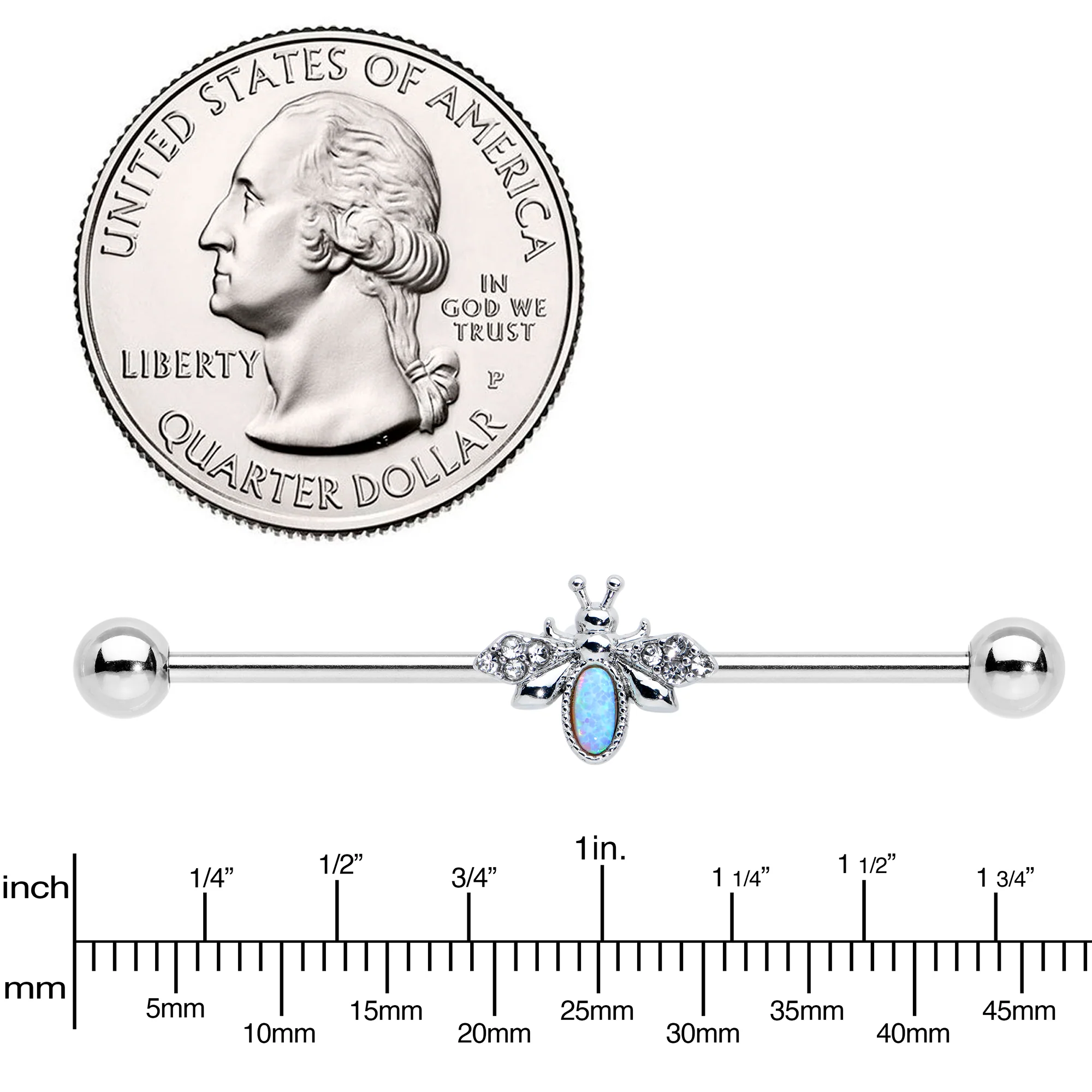 14G White Synthetic Opal Elegant Insect Industrial Barbell 38mm - Image 3