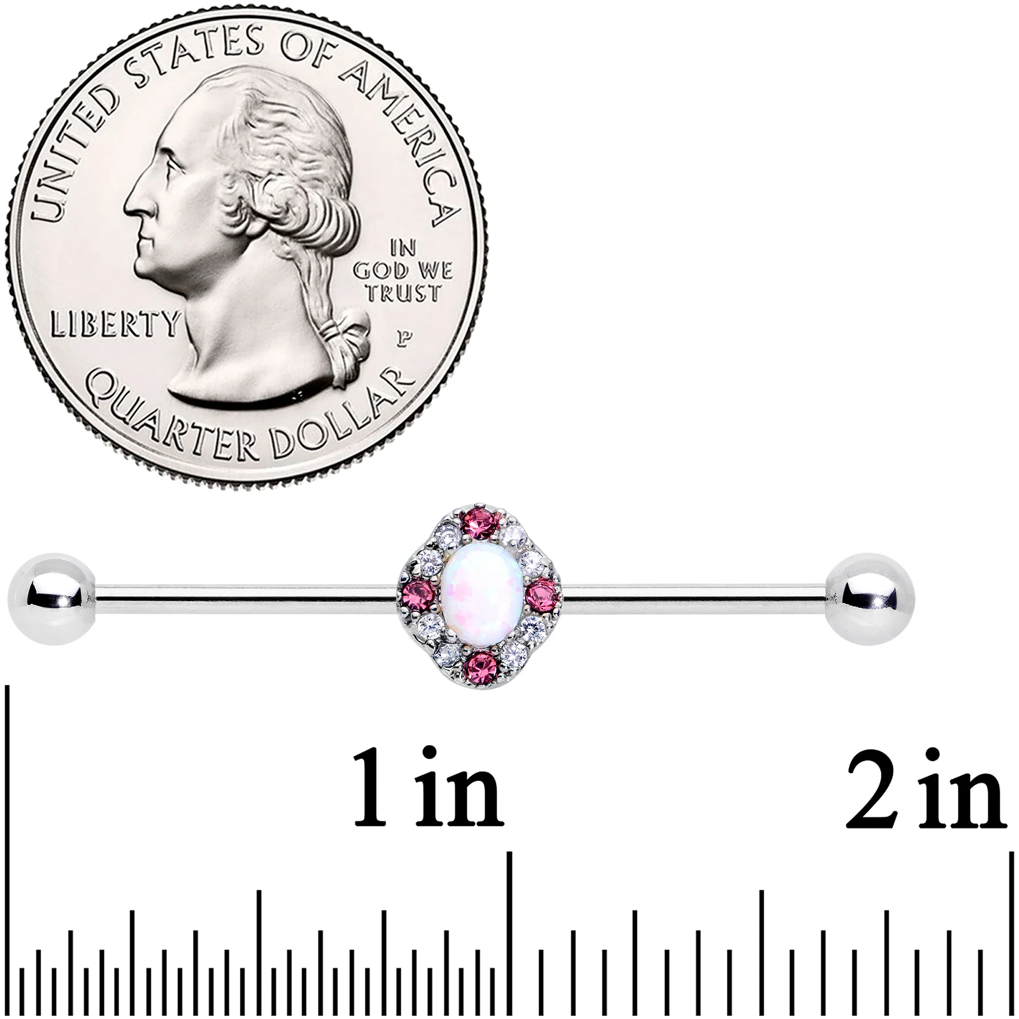 14G White Synthetic Opal Glam Oval Industrial Barbell 38mm - Image 2