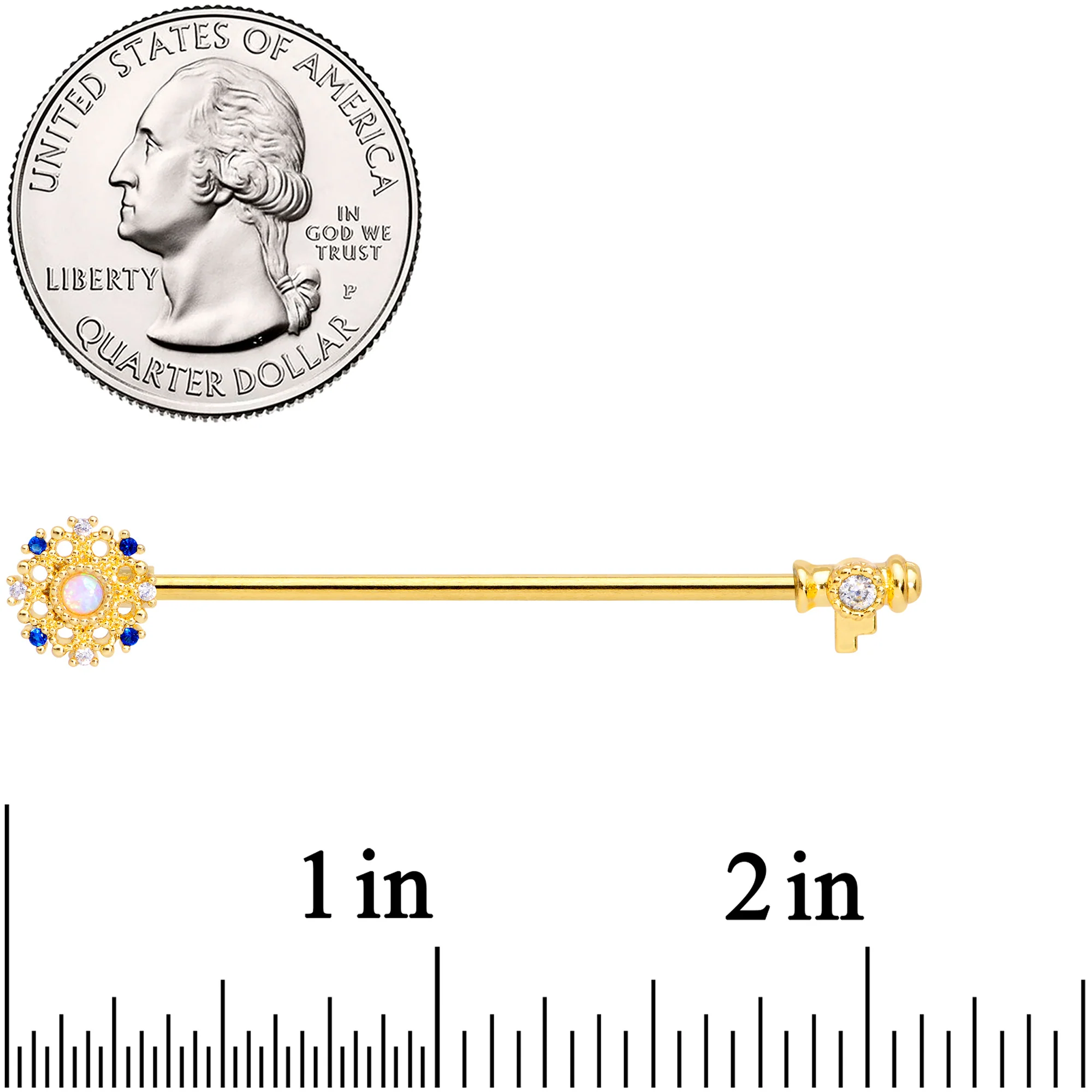 14G White Synthetic Opal Gold Tone Key Industrial Barbell 38mm - Image 2