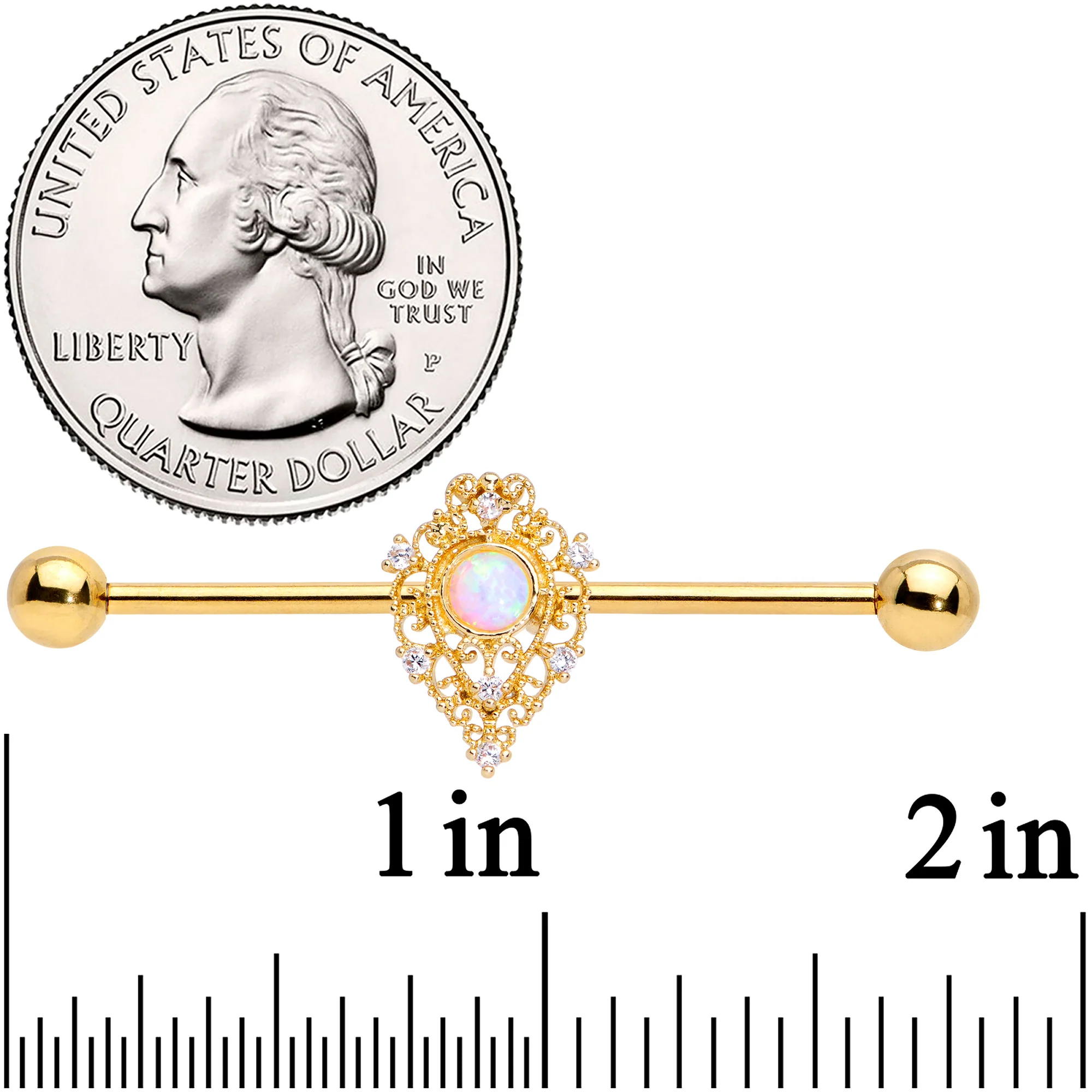 14G White Synthetic Opal Gold Tone Oval Industrial Barbell 38m - Image 2