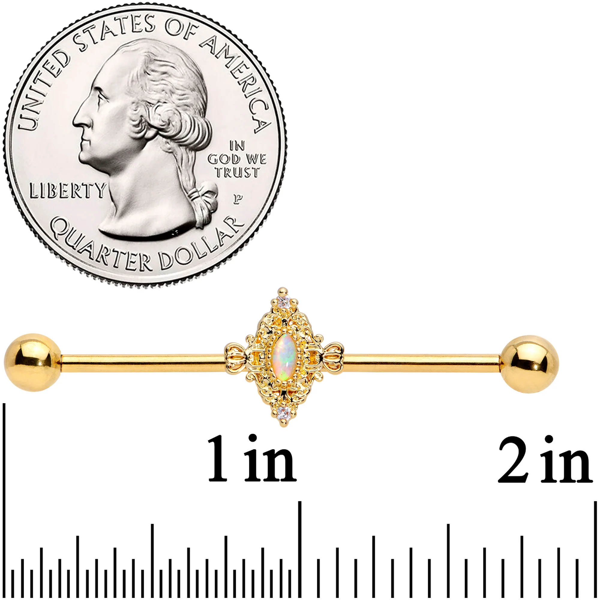 14G White Synthetic Opal Gold Tone Oval Industrial Barbell 38mm - Image 2