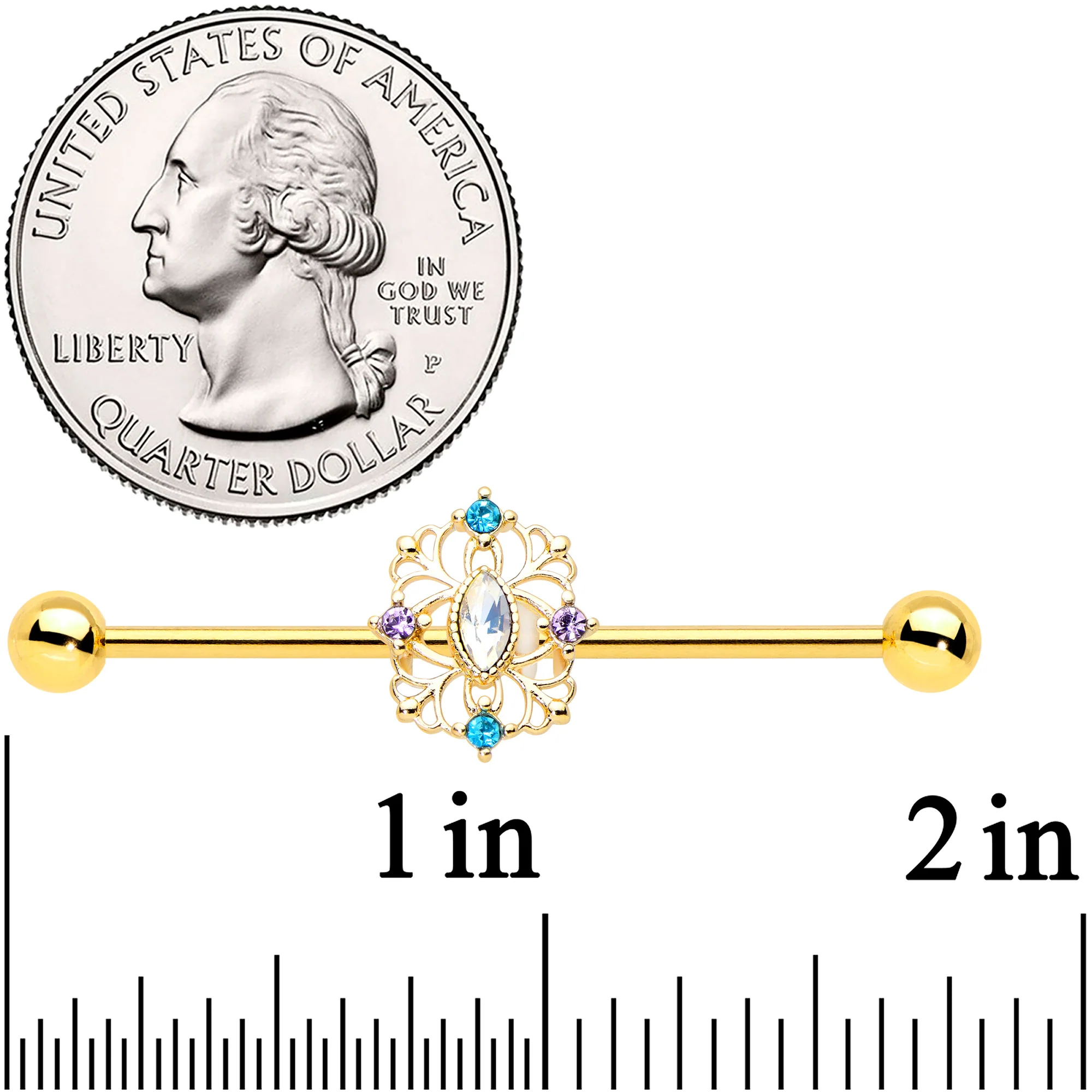 14G White Synthetic Opal Gold Tone Web Industrial Barbell 38mm - Image 2