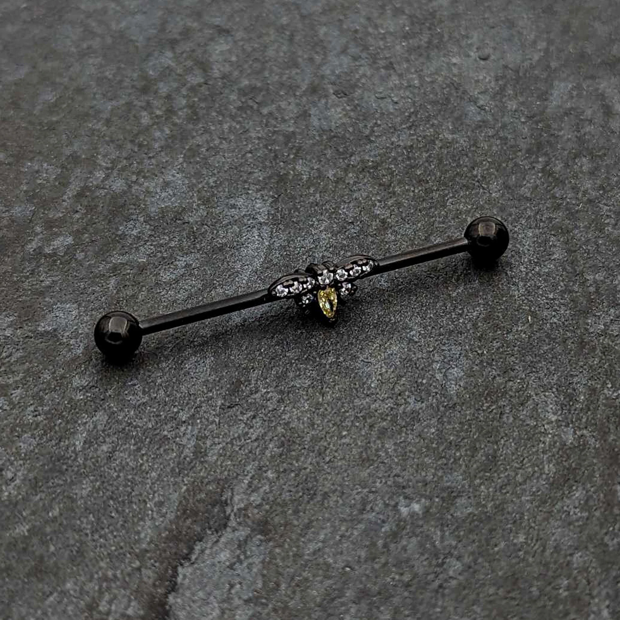 14G Yellow Clear Gem Black Butterfly Industrial Barbell 38mm - Image 4