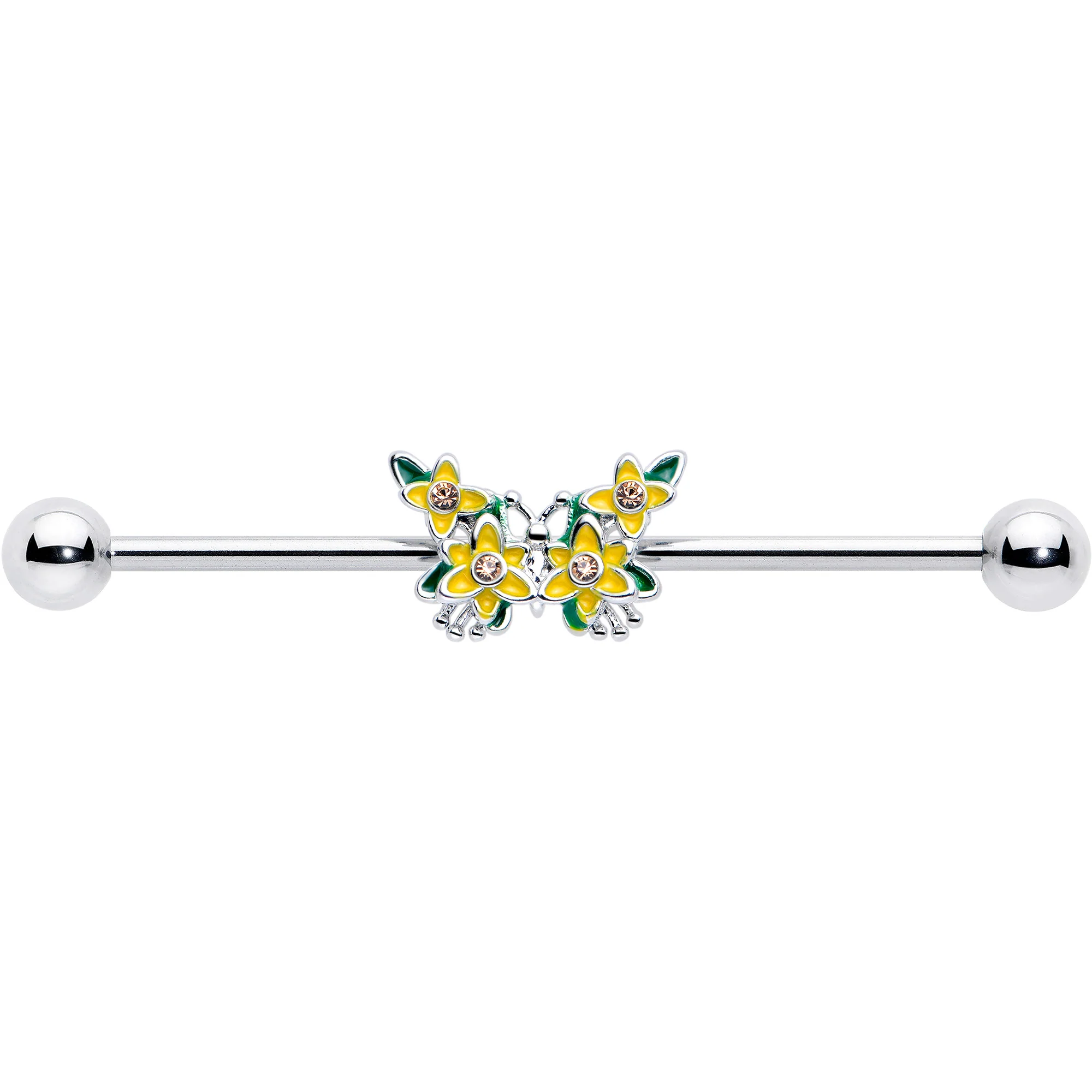 14G Yellow CZ Gem Blooming Butterfly Industrial Barbell 38mm - Image 3