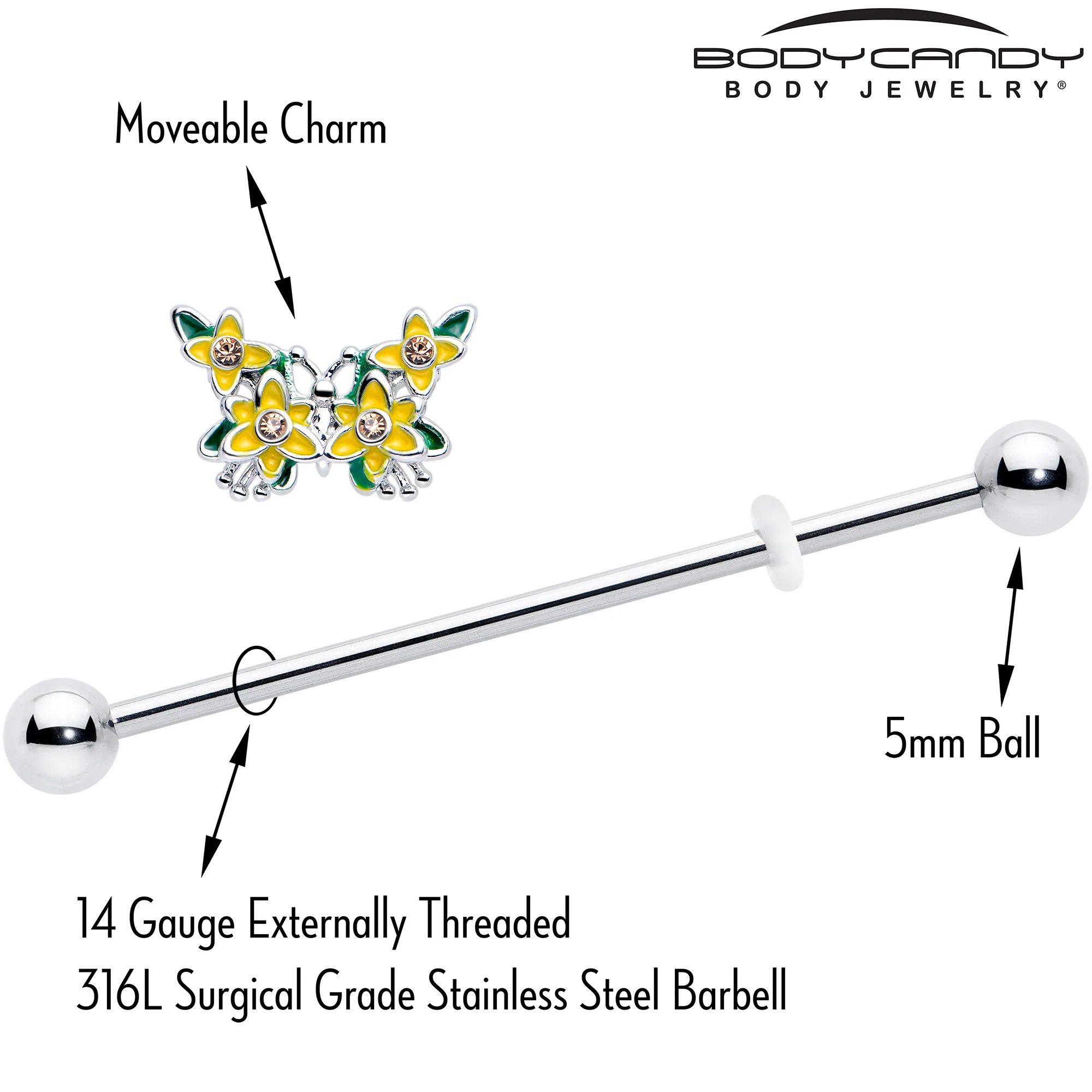 14G Yellow CZ Gem Blooming Butterfly Industrial Barbell 38mm - Image 4