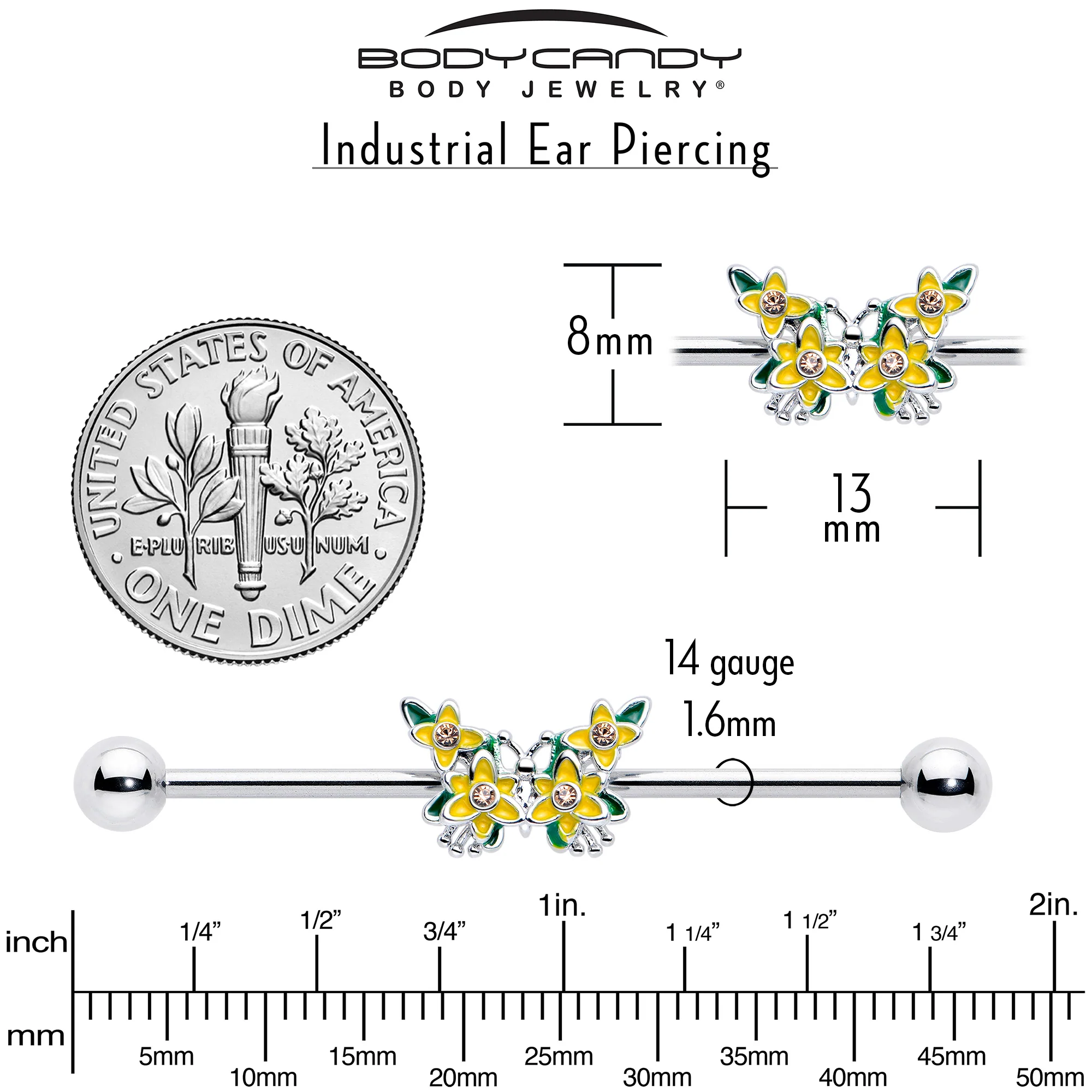 14G Yellow CZ Gem Blooming Butterfly Industrial Barbell 38mm - Image 5