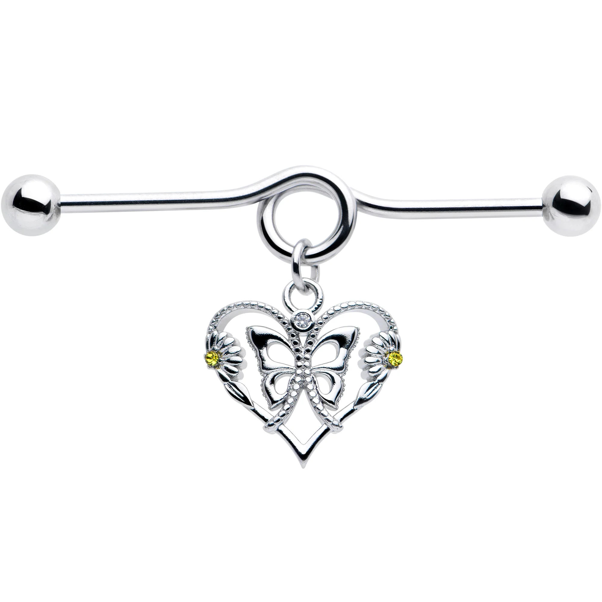 14G Yellow CZ Gem Heart Flower Butterfly Project Bar 38mm - Image 2
