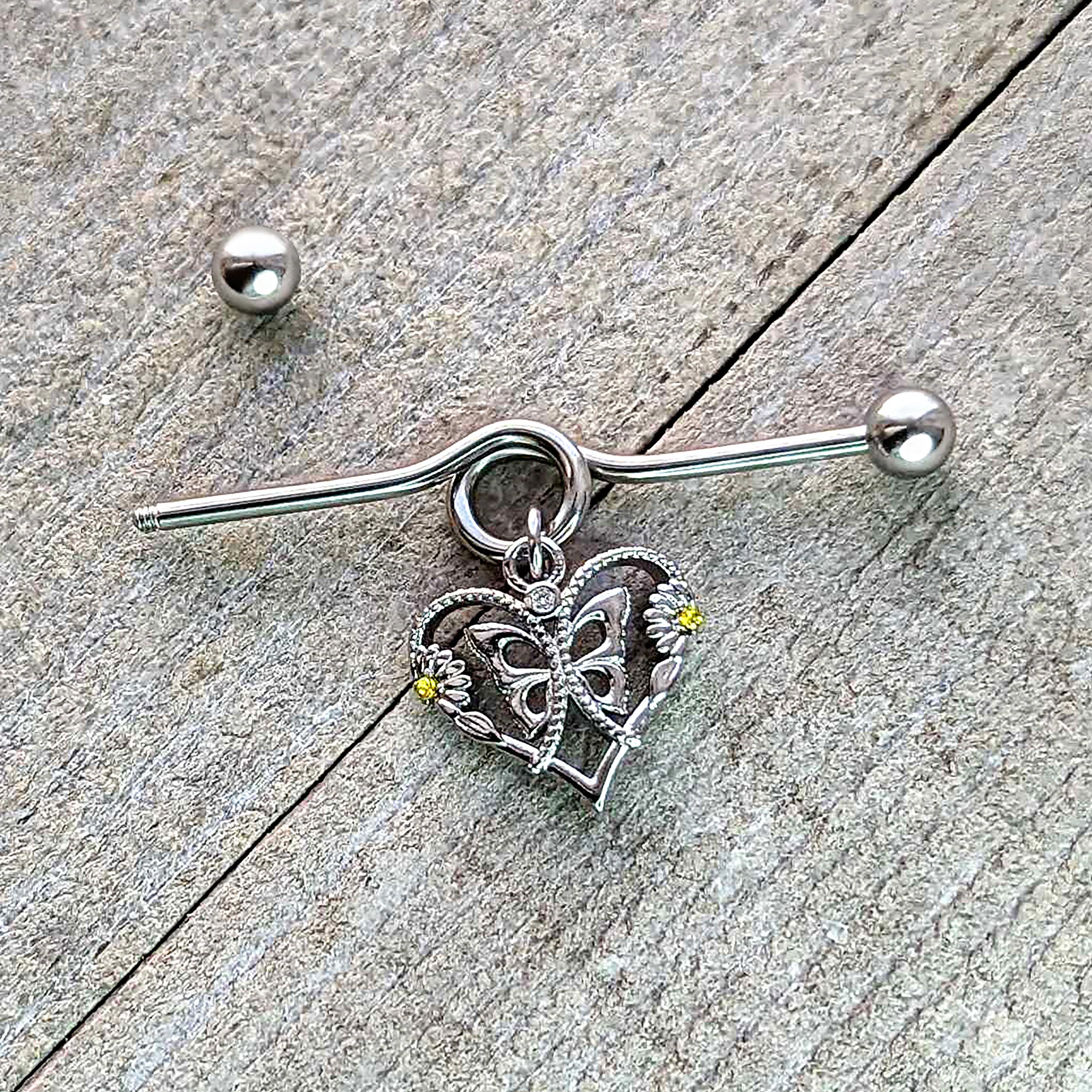 14G Yellow CZ Gem Heart Flower Butterfly Project Bar 38mm - Image 6