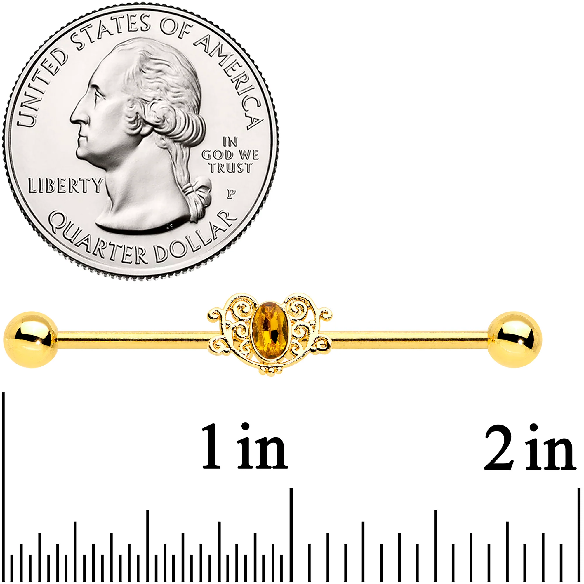 14G Yellow Gem Gold Tone Duet Scroll Industrial Barbell 38mm - Image 2