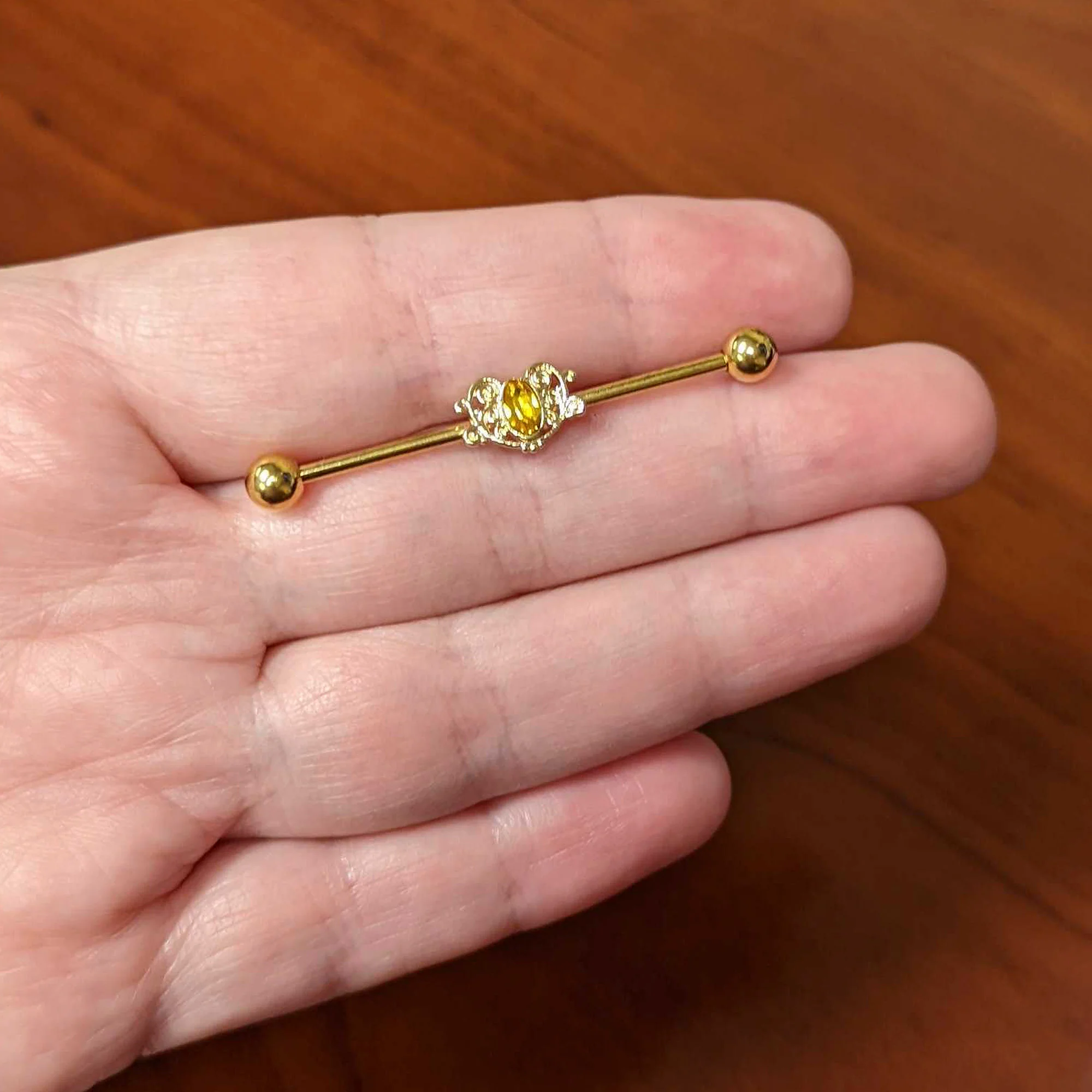 14G Yellow Gem Gold Tone Duet Scroll Industrial Barbell 38mm - Image 3