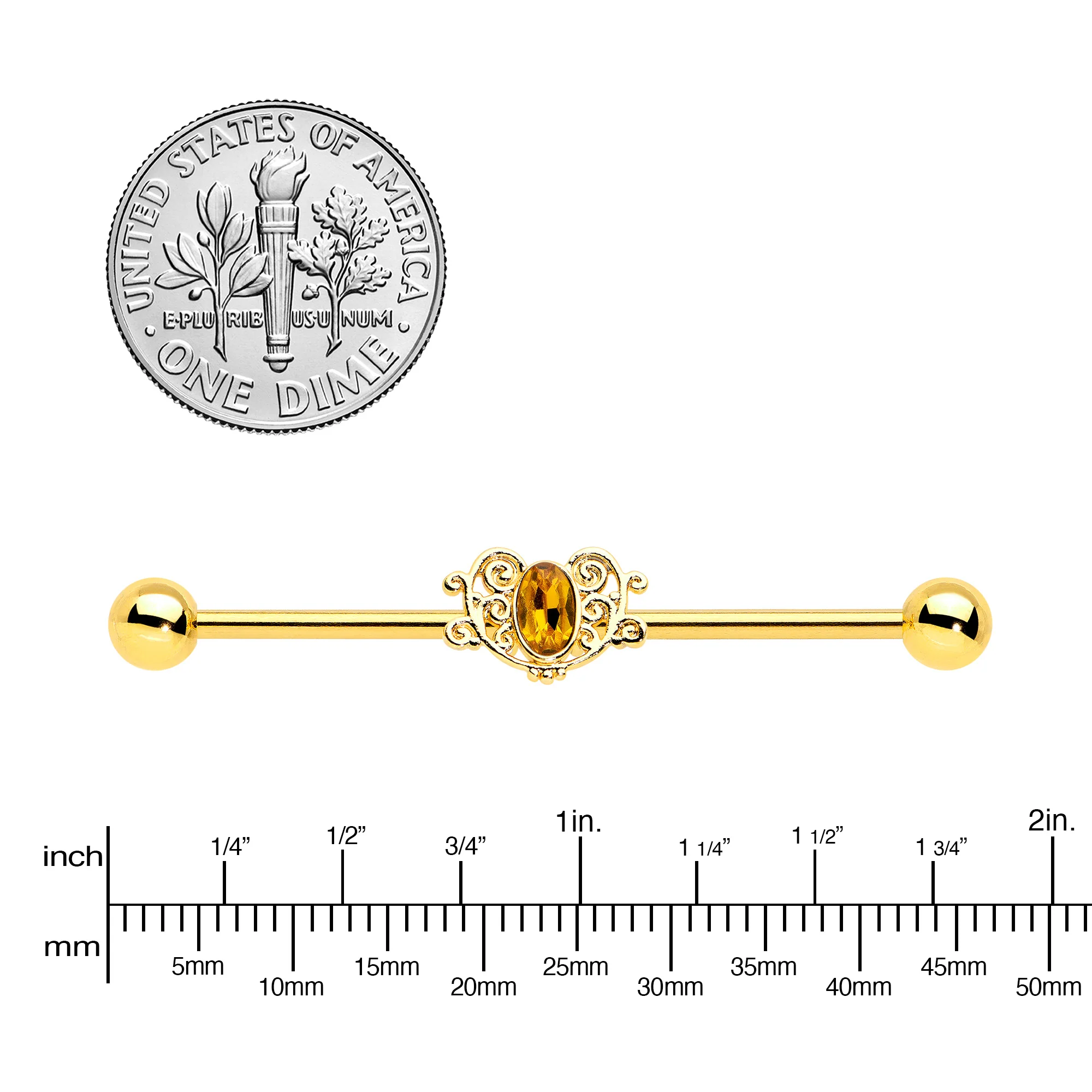 14G Yellow Gem Gold Tone Duet Scroll Industrial Barbell 38mm - Image 5