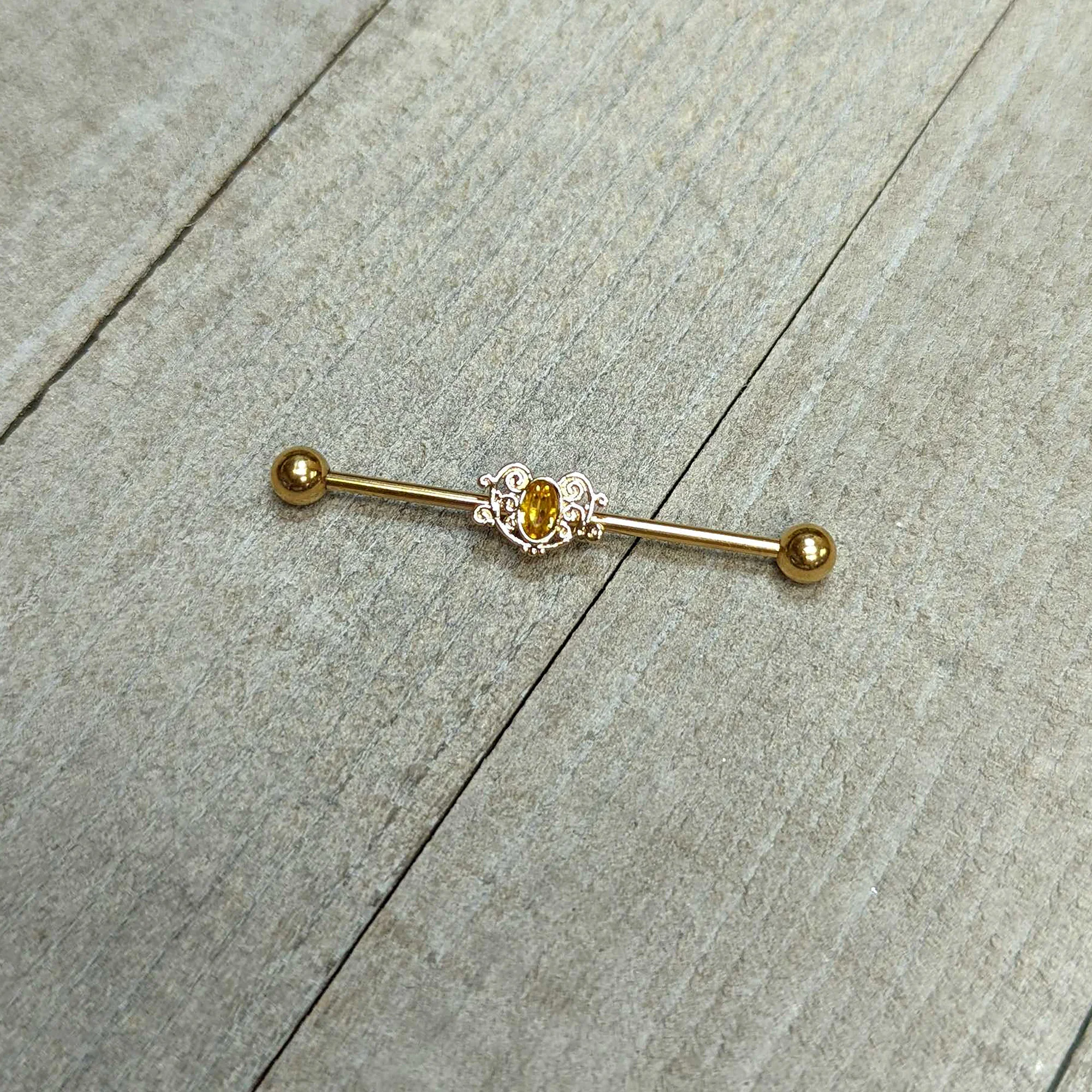 14G Yellow Gem Gold Tone Duet Scroll Industrial Barbell 38mm - Image 7