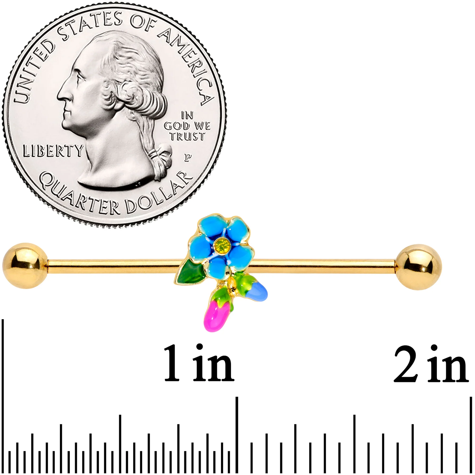 14G Yellow Gem Gold Tone Neon Flower Industrial Barbell 38mm - Image 2