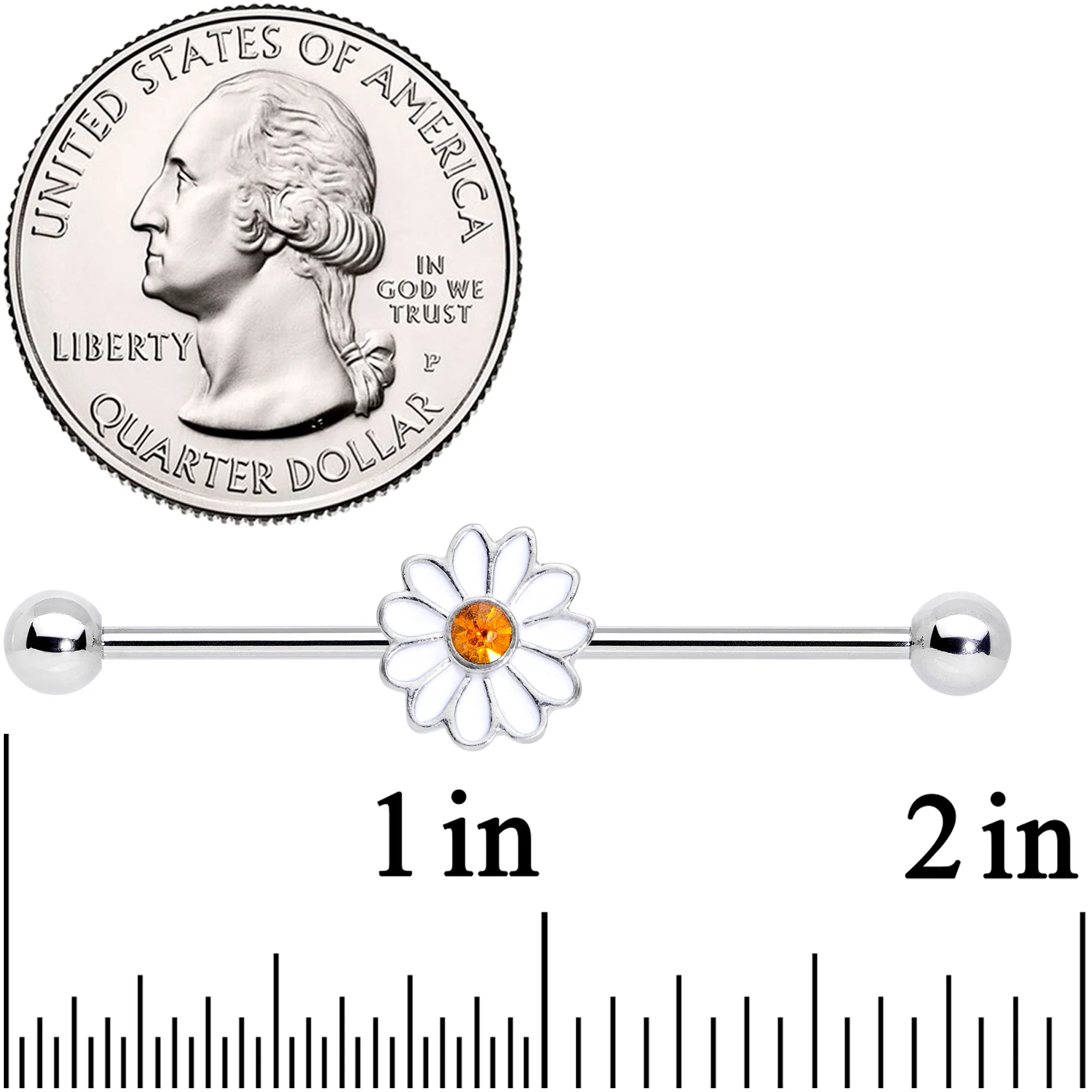 14G Yellow Gem White Daisy Flower Industrial Barbell 38mm - Image 2